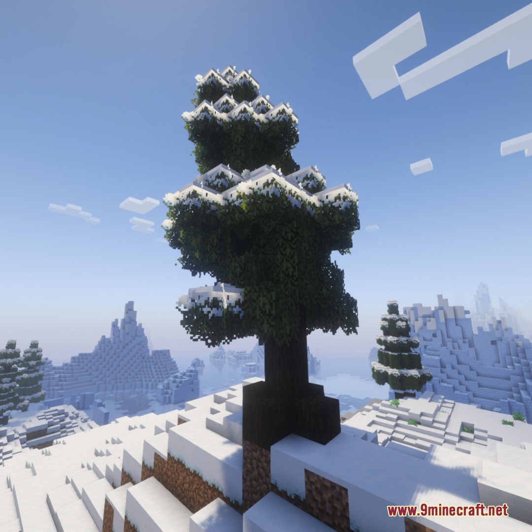 Frost Glazed Canopies Mod Screenshot 1 A spruce tree with realistic snow overlays on its dark green leaves