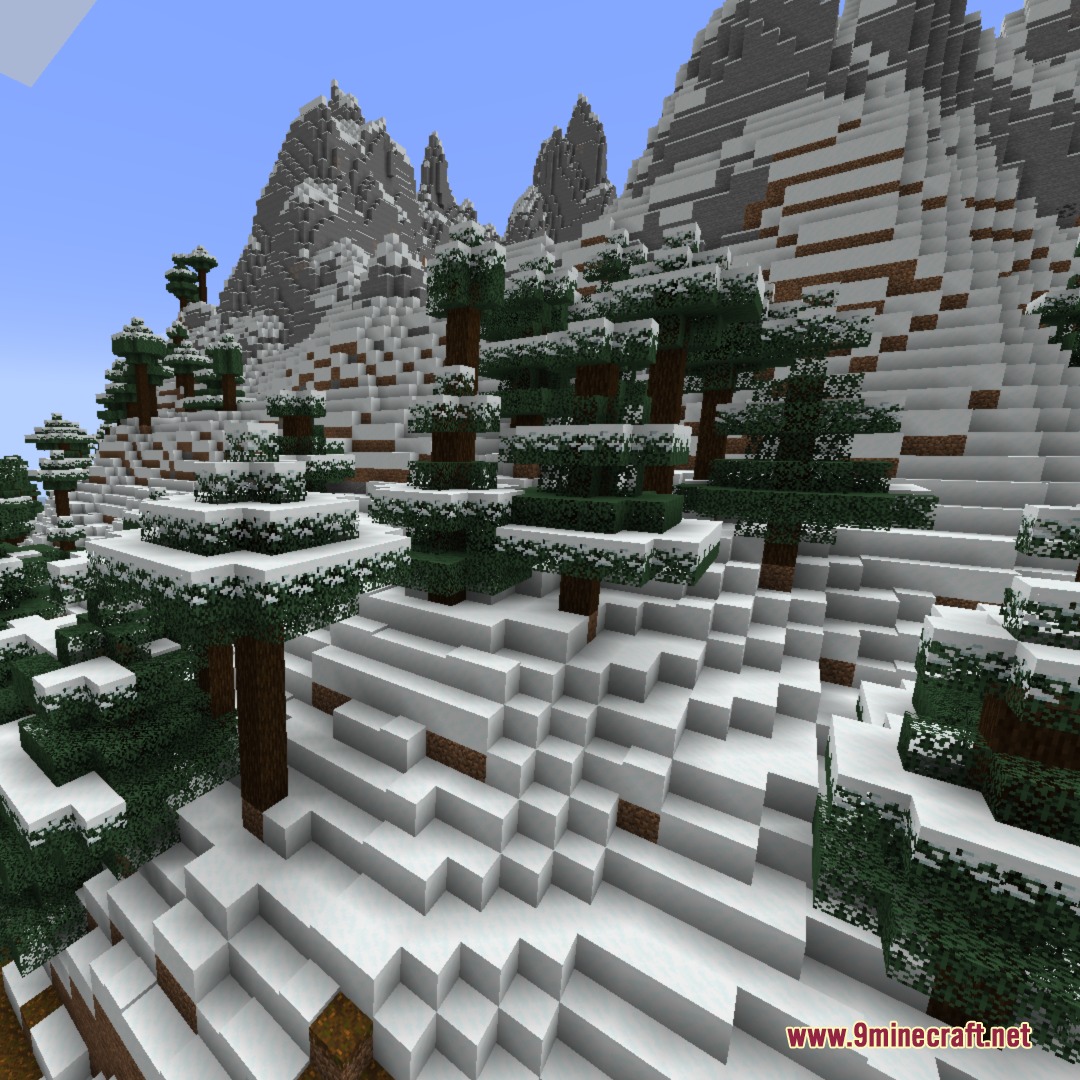 Frost Glazed Canopies Mod Screenshot 4 Several spruce trees with snowy leaves grow on a steep mountain slope