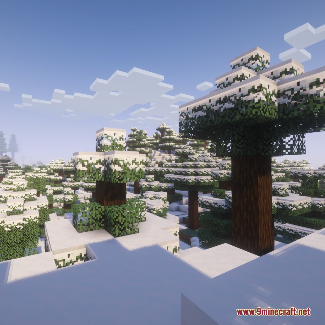 Frost Glazed Canopies Mod Screenshot 8 Minecraft trees with realistic snow textures on leaves in a winter biome