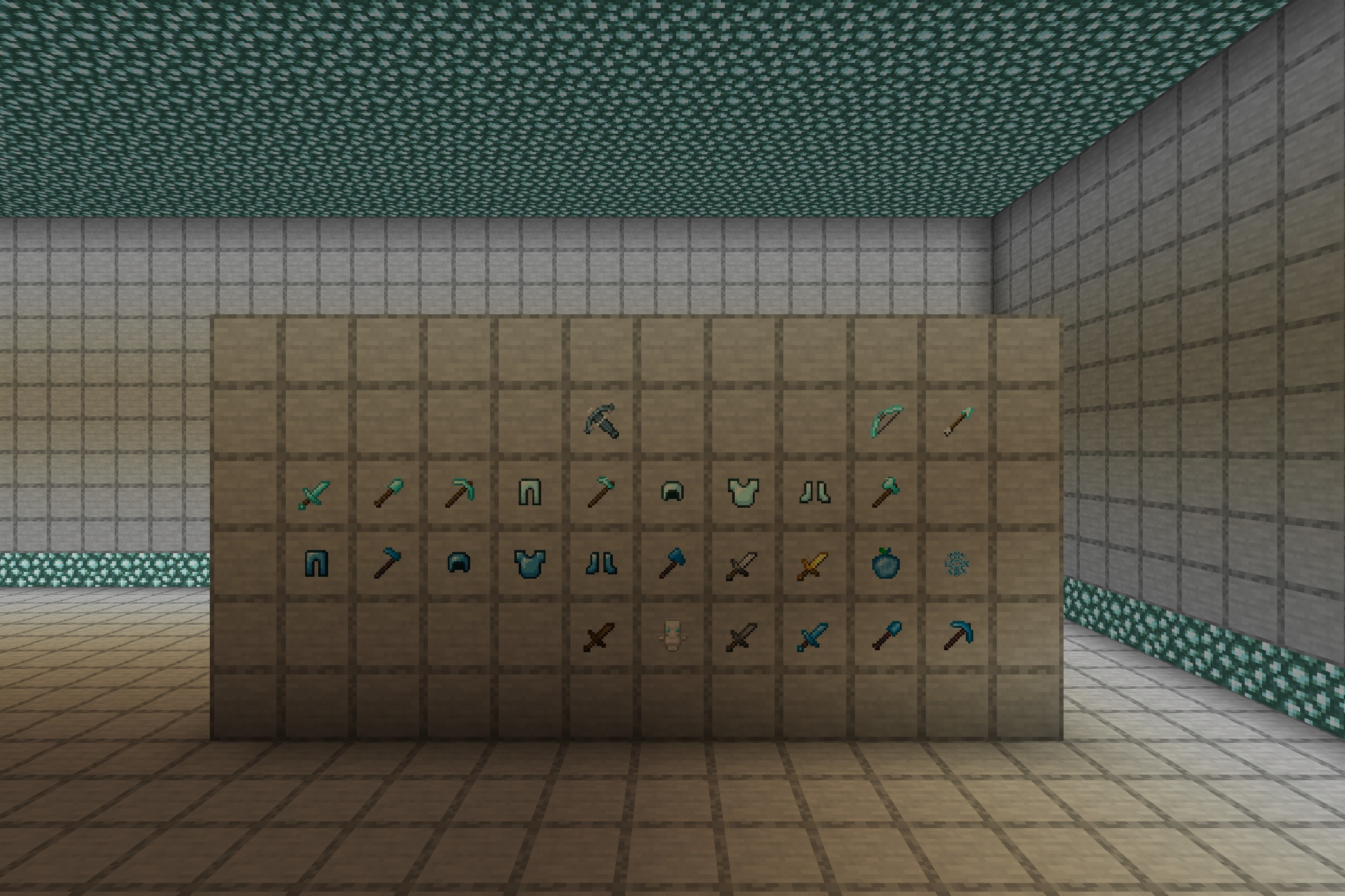 A wall of item frames displaying items from the Frosted PvP Resource Pack