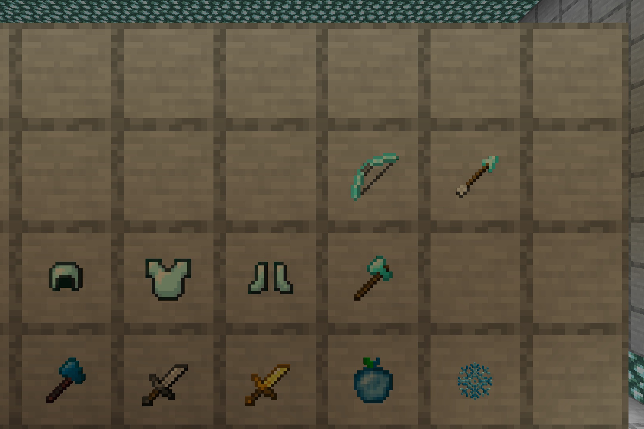 Detailed view of frozen armor pieces and weapons in a winter theme