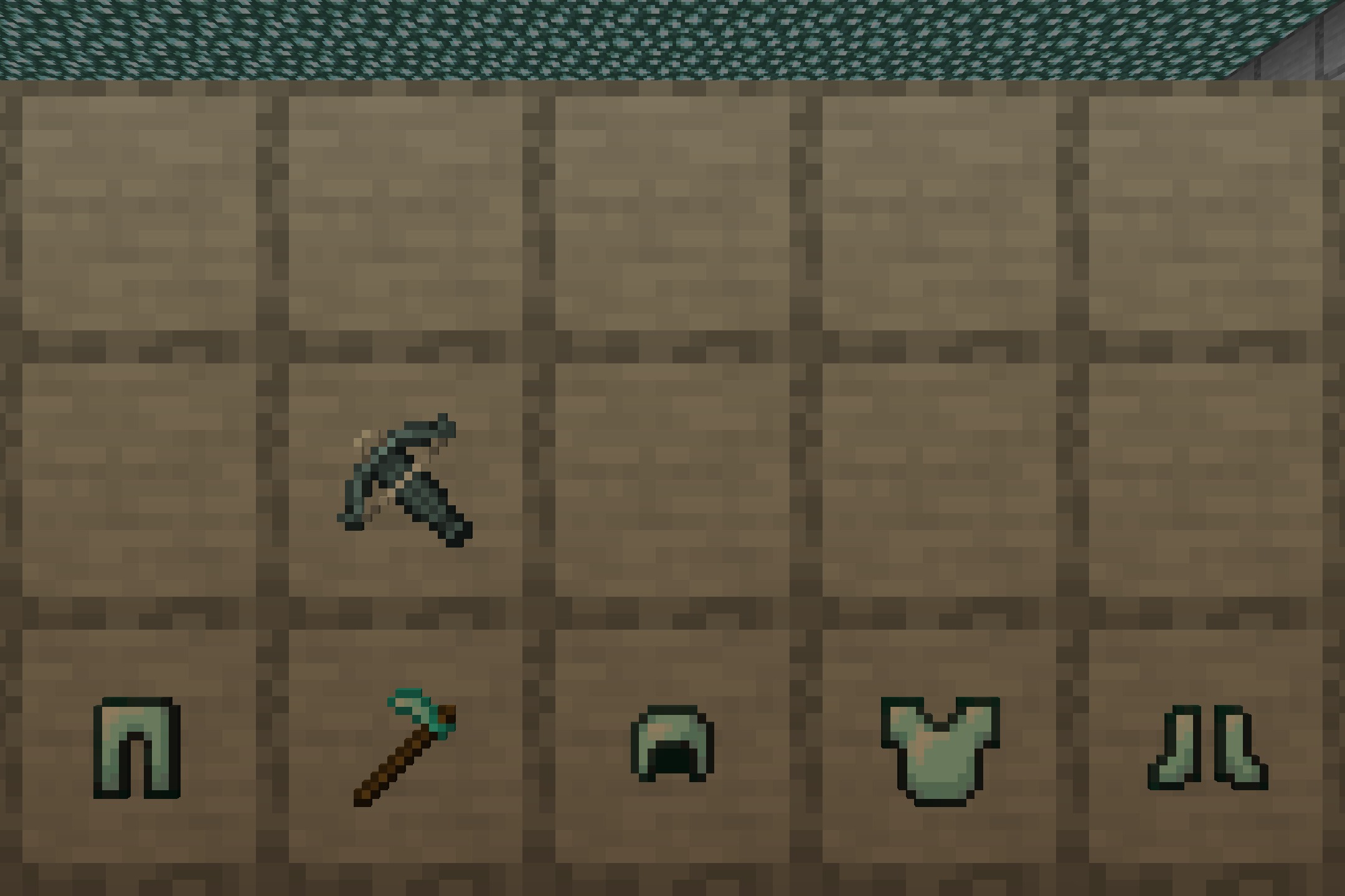 Icy blue armor and a crossbow displayed in a wooden inventory grid