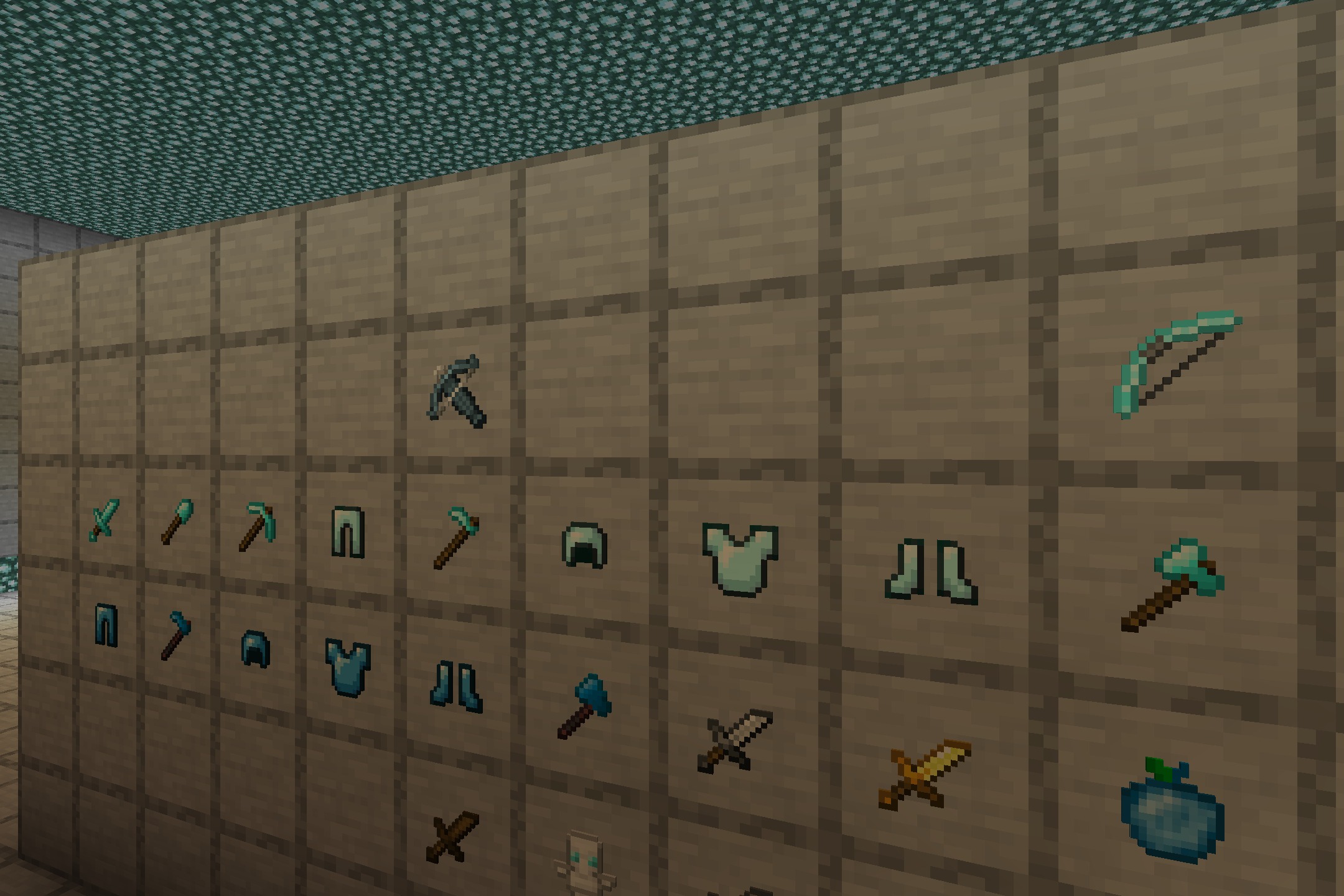 A collection of icy blue weapons and armor displayed in Minecraft item frames