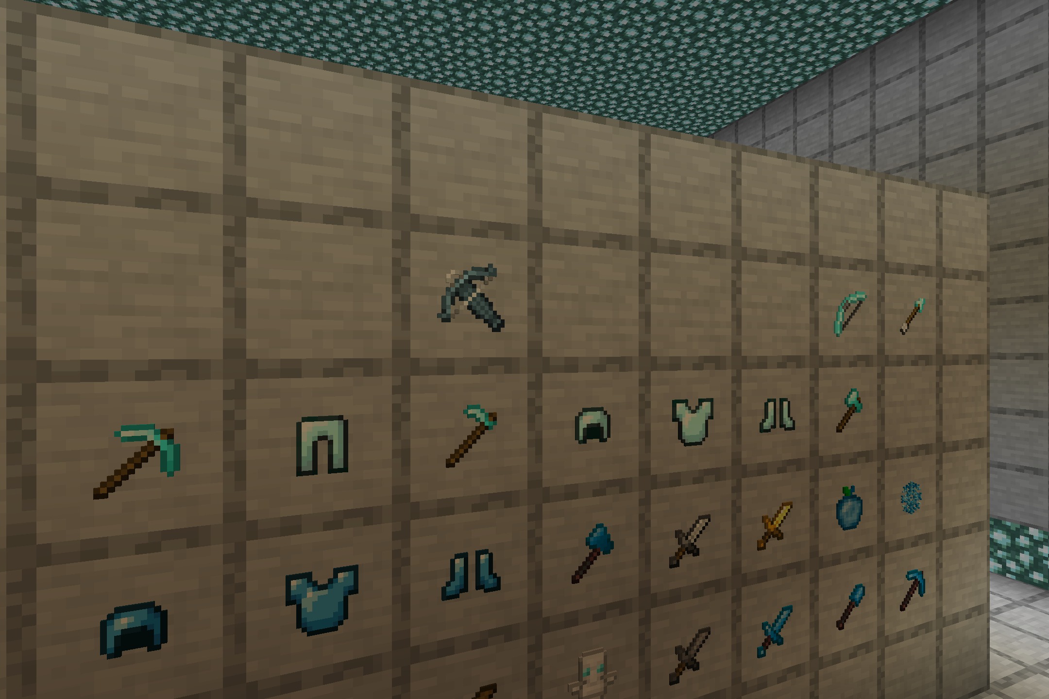 Frozen themed tools and armor sets showcased on a wooden wall in Minecraft