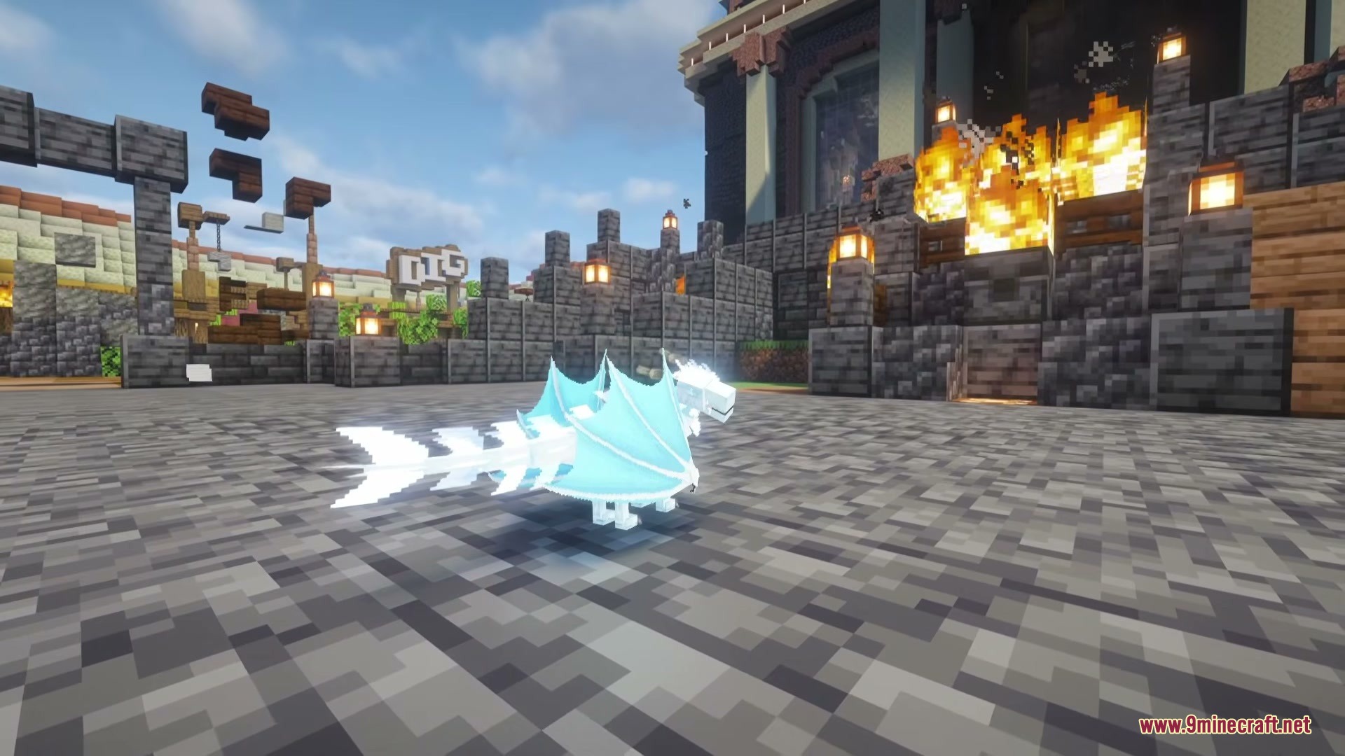 Frostfire Dragon Dragon Survival Add on Mod Screenshot 1 A glowing white and blue dragon stands on a stone courtyard in Minecraft