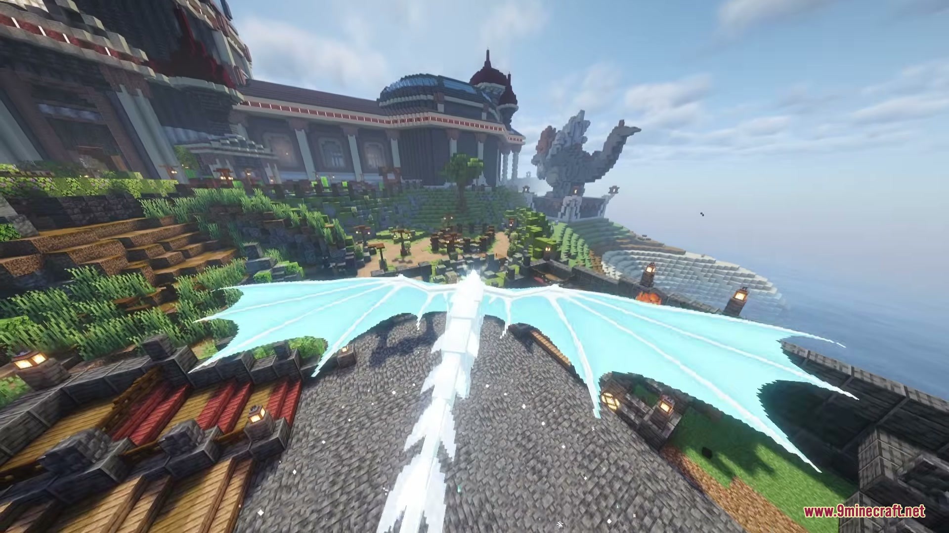 Frostfire Dragon Dragon Survival Add on Mod Screenshot 3 A glowing Frostfire Dragon flies over a large stone castle near the ocean