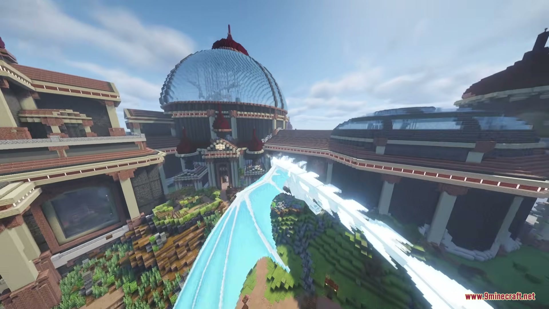 Frostfire Dragon Dragon Survival Add on Mod Screenshot 4 A white dragon flies toward a massive glass dome structure in Minecraft