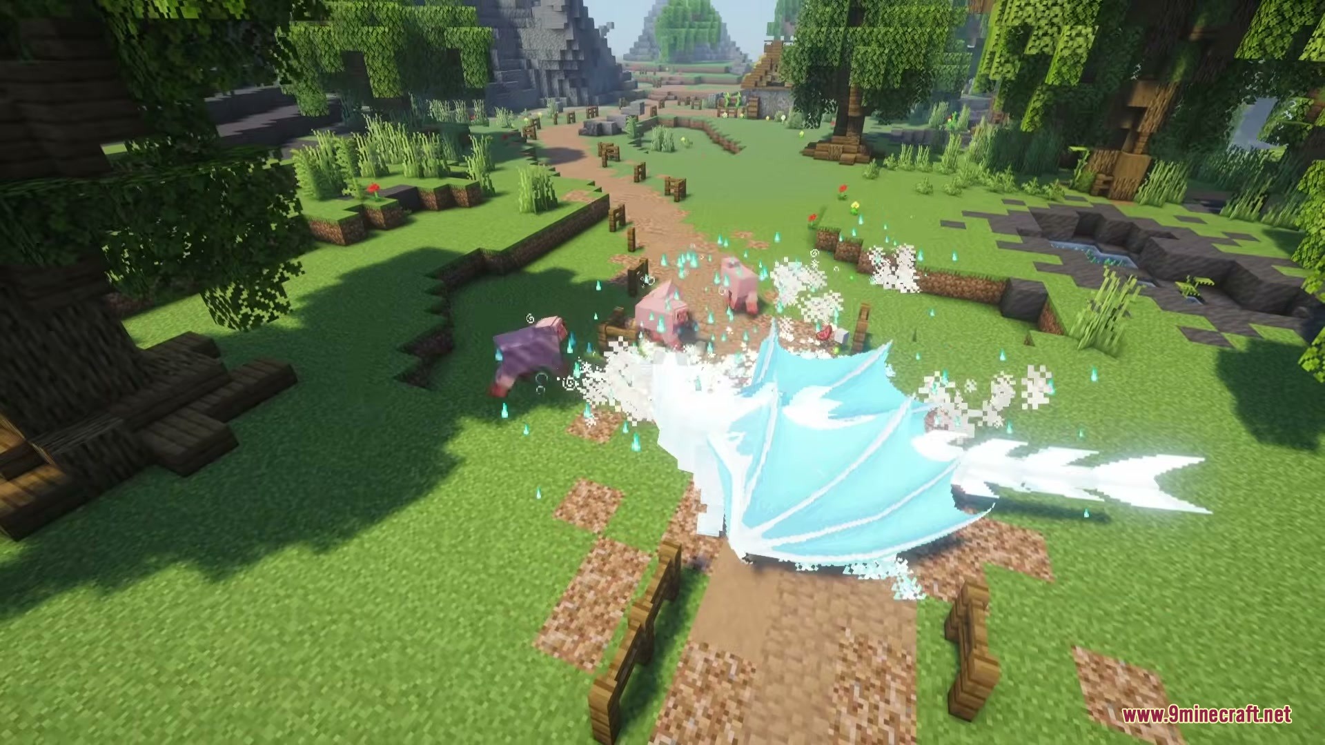 Frostfire Dragon Dragon Survival Add on Mod Screenshot 5 A white dragon uses Frostfire Breath to attack pigs in a village field