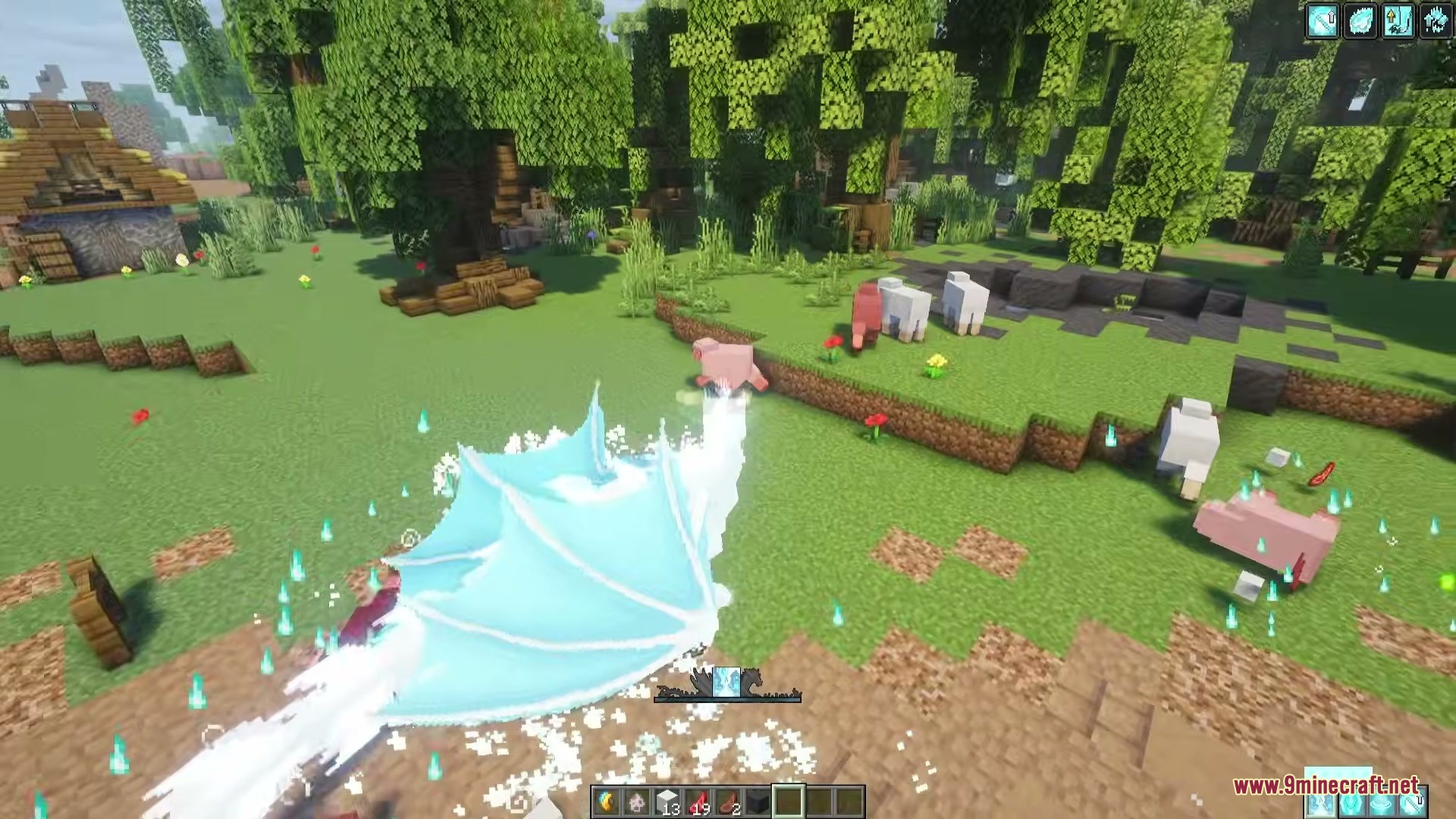 Frostfire Dragon Dragon Survival Add on Mod Screenshot 6 A white dragon glides over a grassy field filled with sheep and pigs
