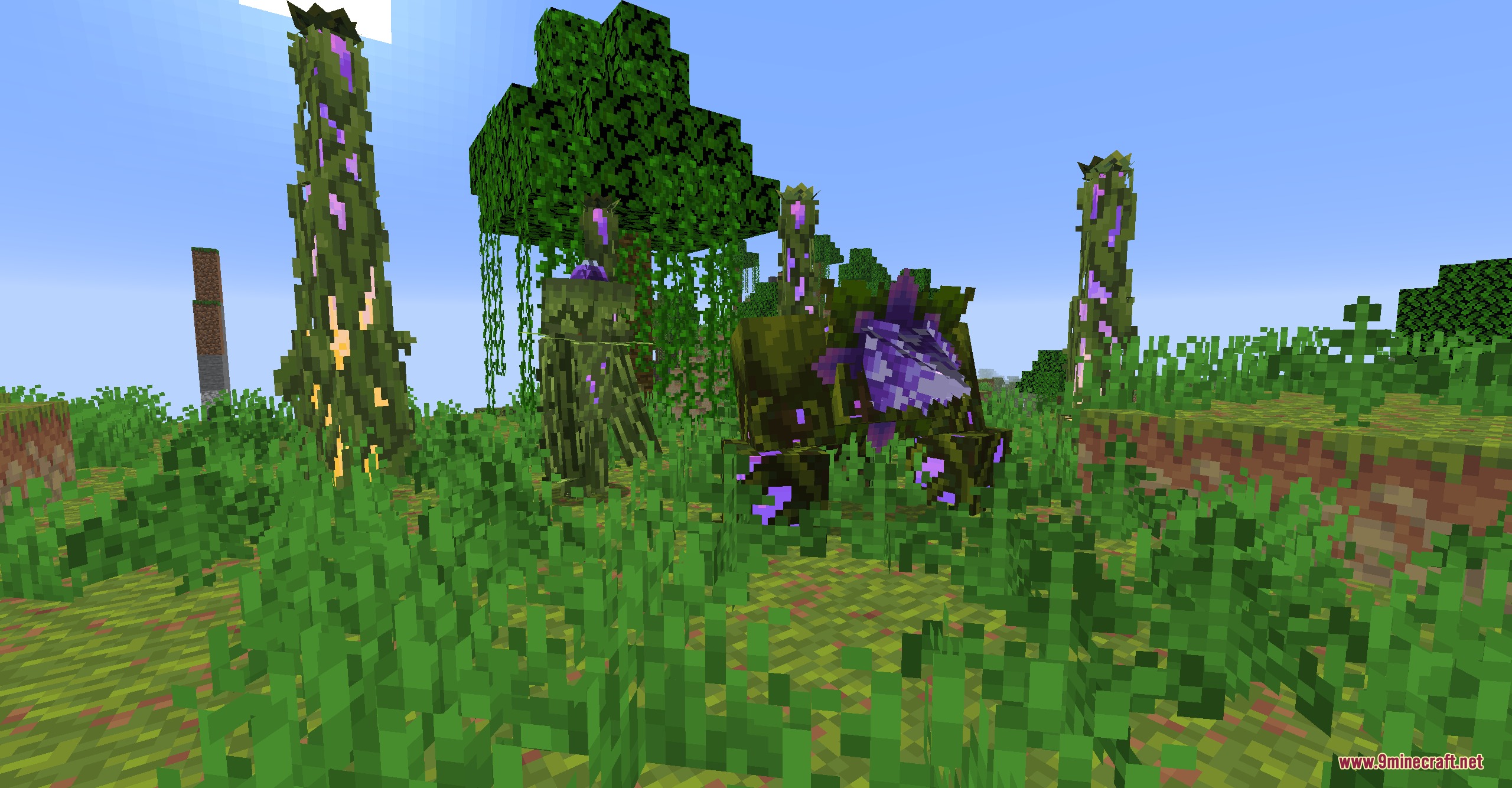 Frost's Expansion Mod Screenshot 1 Mossy monsters with purple crystals stand near vine covered pillars in a field
