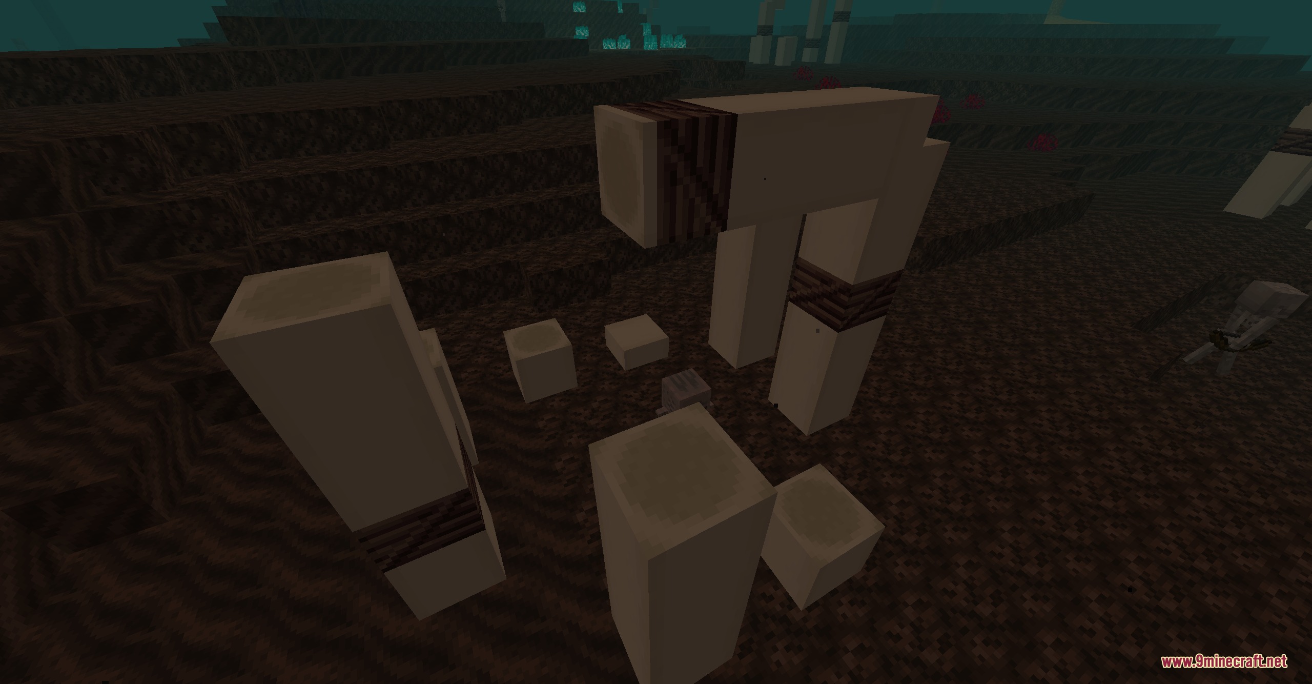 Frost's Expansion Mod Screenshot 2 Large white bone structures and mobs stand on soul sand in the Nether