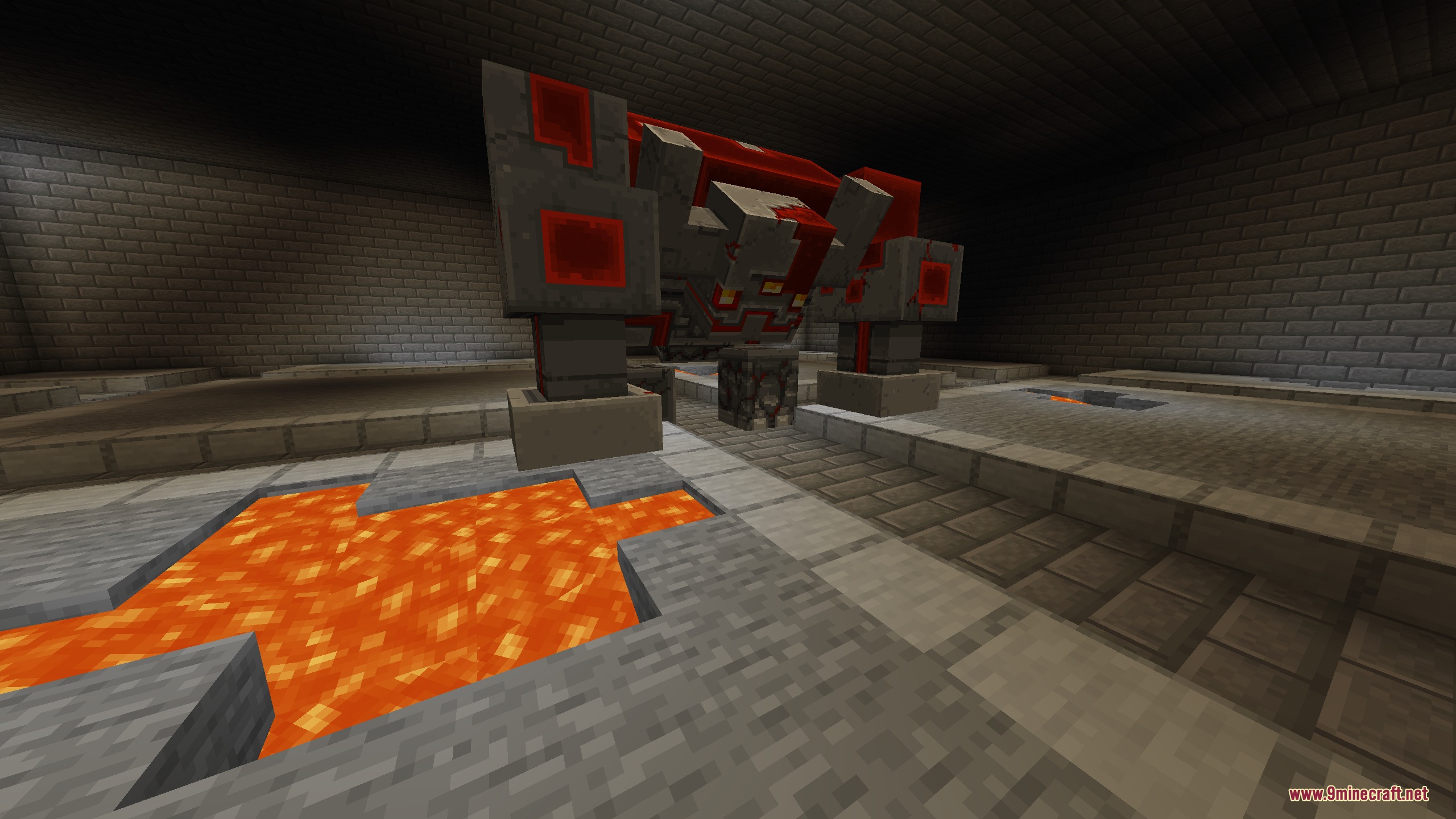 Frost's Expansion Mod Screenshot 3 A massive redstone golem boss stands in a dungeon with lava pits