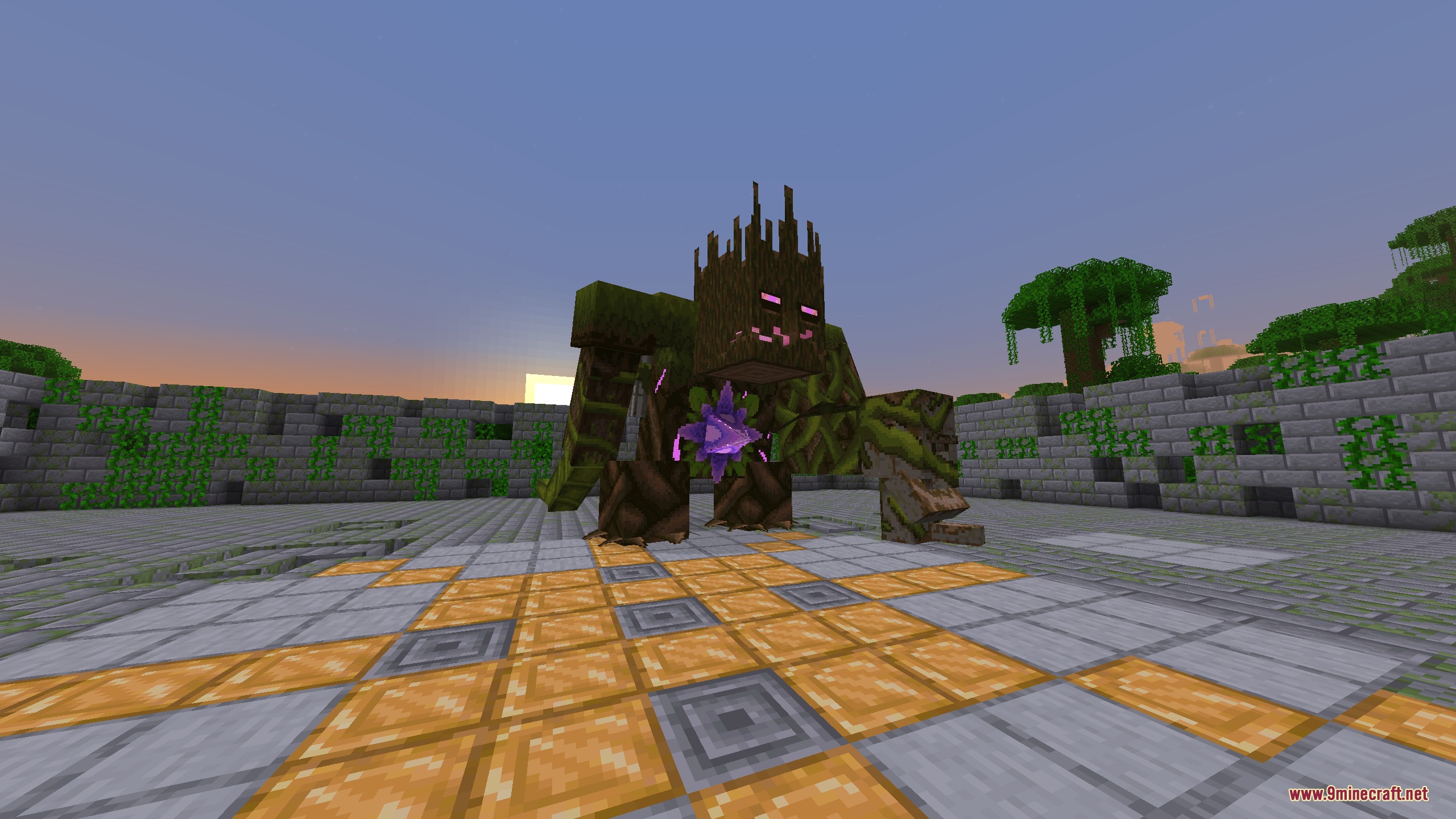 Frost's Expansion Mod Screenshot 8 A giant wooden boss with a purple crystal core stands in an arena