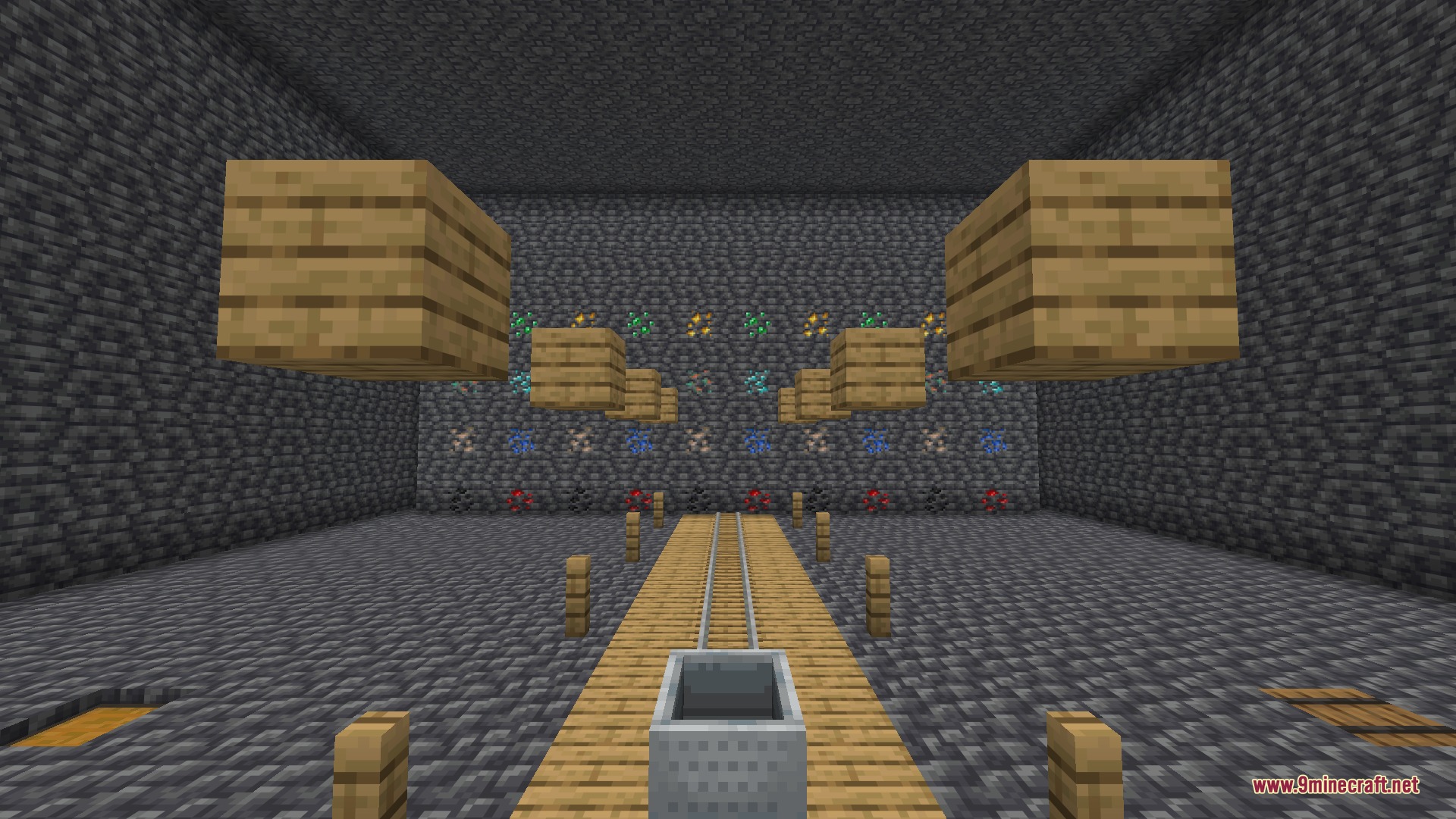 Fullbright UB 9minecraft Resource Pack Screenshot 3 A minecart on tracks facing a wall of various brightly lit ores