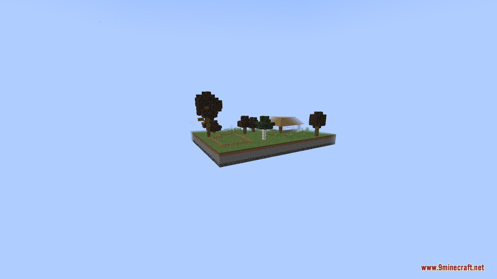 Fun Aether Mod Screenshot 1 A small grassy island floating in the sky with trees and structures