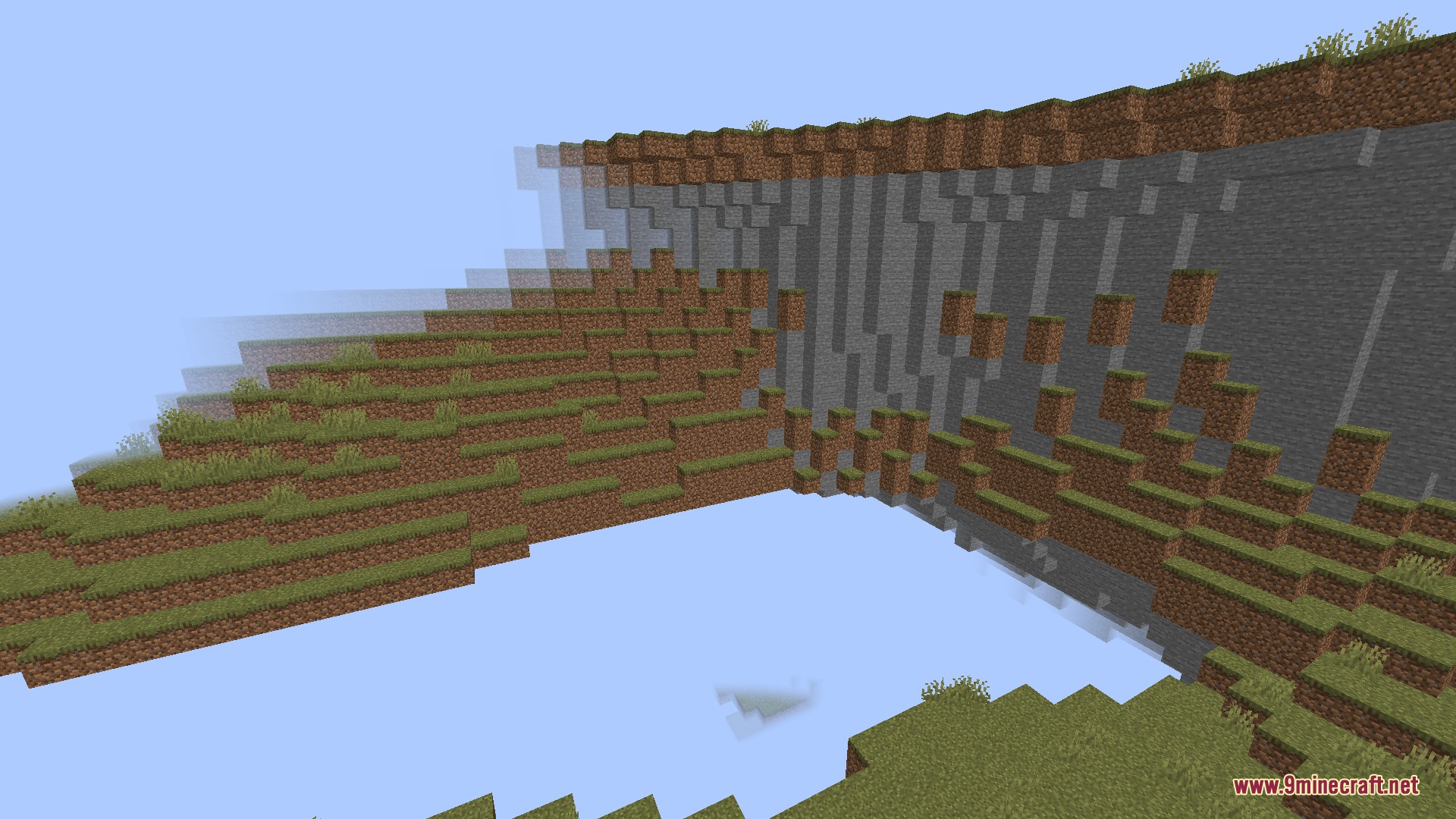 Fun Aether Mod Screenshot 5 Large floating islands made of grass and stone blocks in a custom dimension