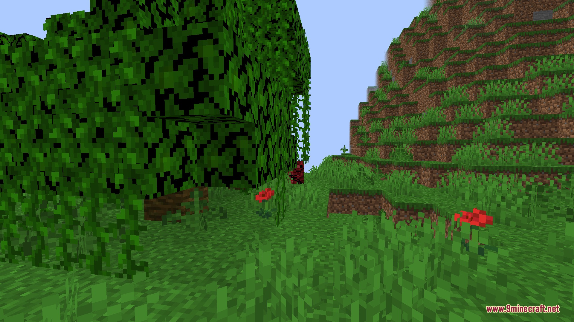Fun Aether Mod Screenshot 6 A hostile red entity hiding behind a tree in a creepy forest area