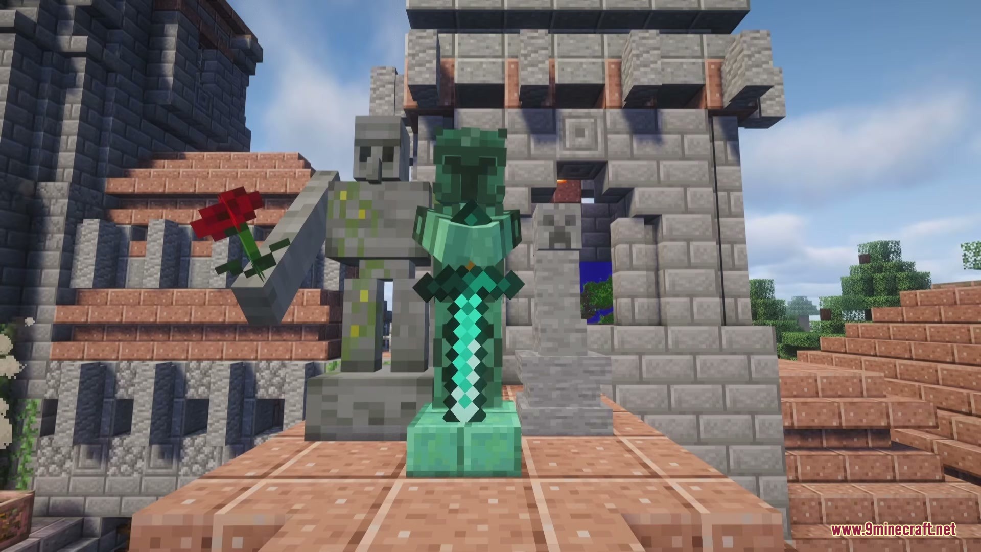 Three detailed statues of an iron golem and a knight near a castle