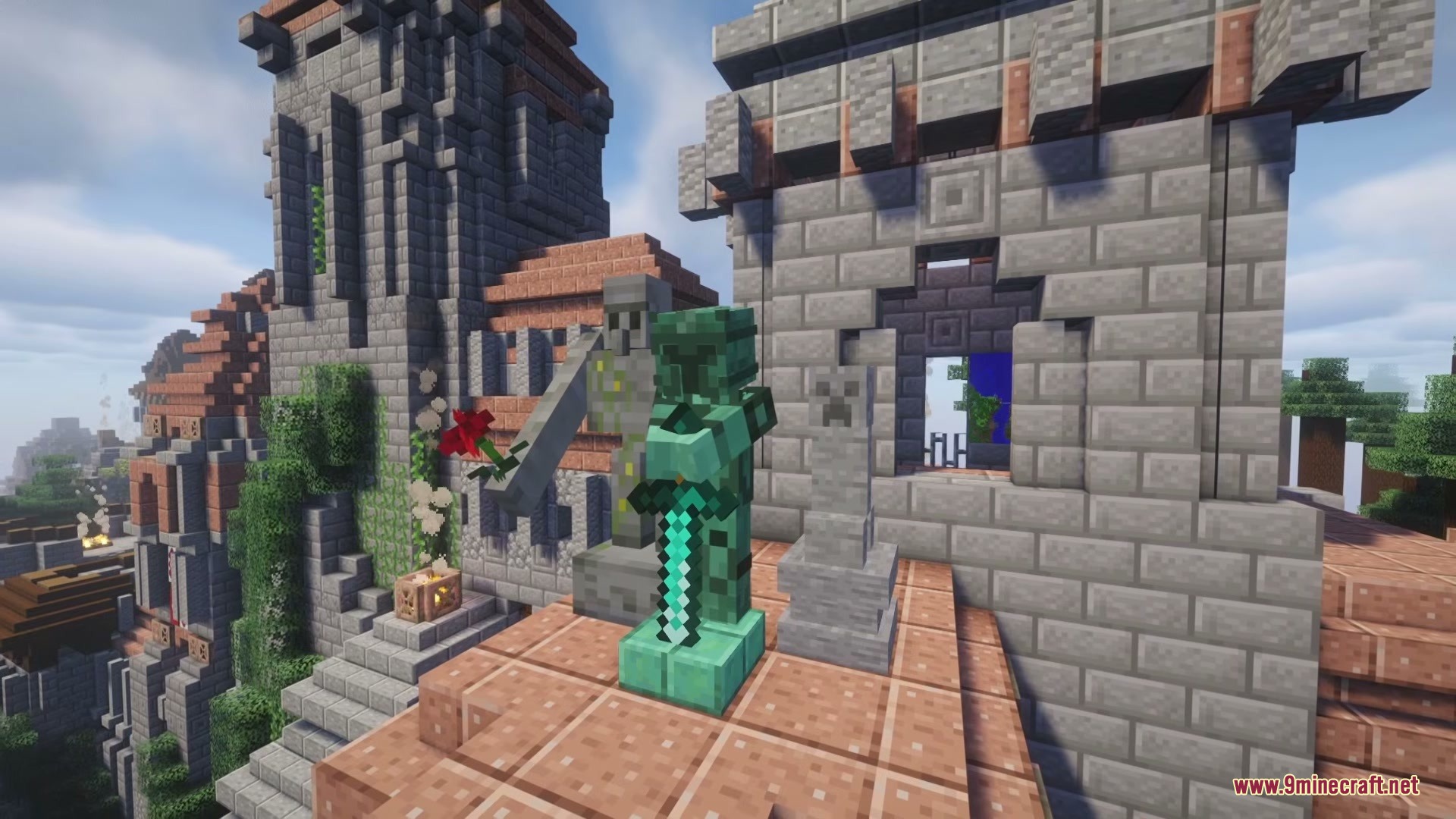 A green knight statue and an iron golem statue decorate a stone castle