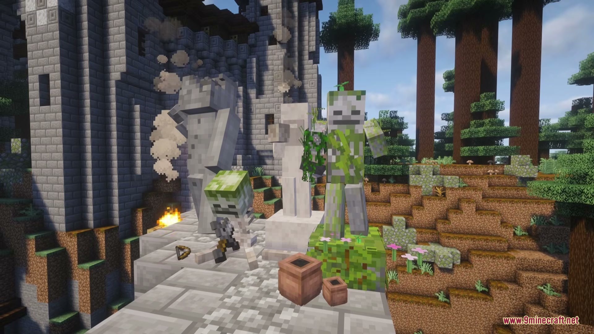A skeleton statue and a mossy zombie statue stand near decorative clay pots