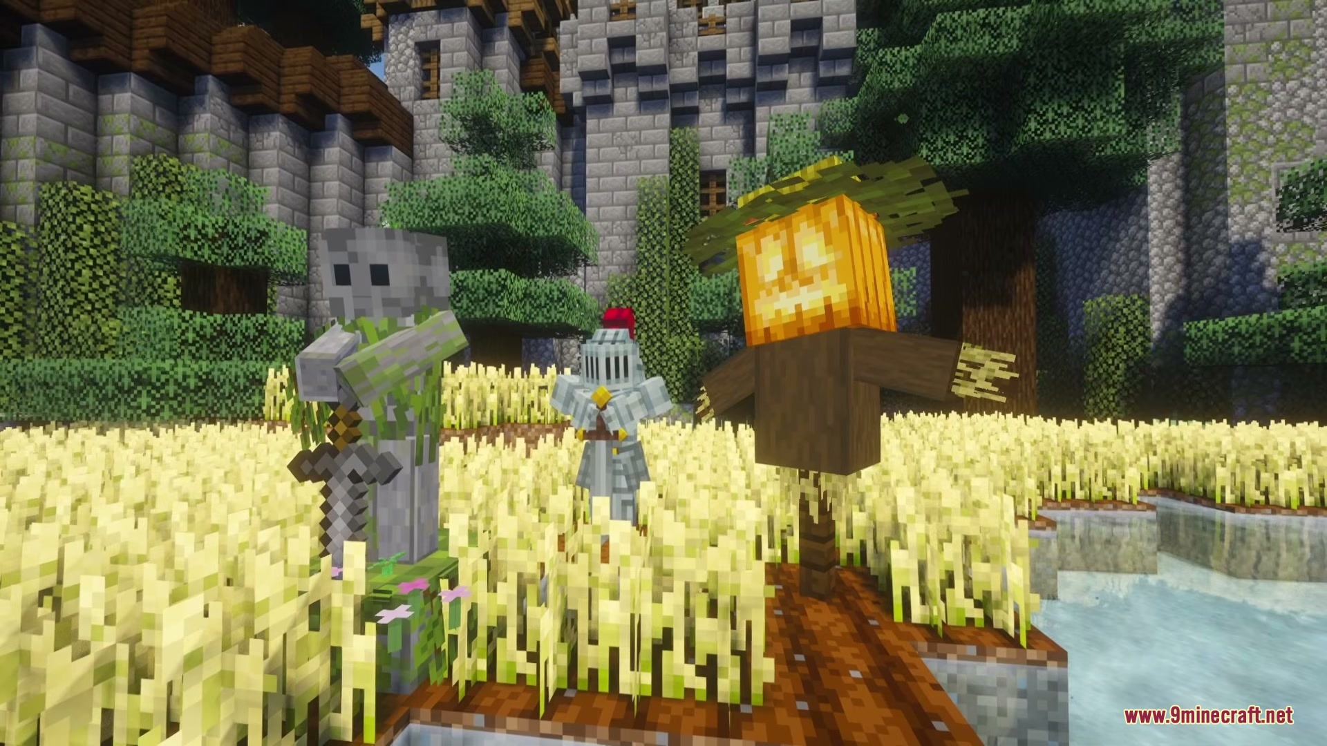 Knight and scarecrow statues stand in a golden wheat field near a castle