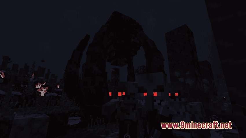Fungal Infection Spore Infnexus Mod Screenshot 1 Infected mobs with glowing red eyes guard a massive dark structure