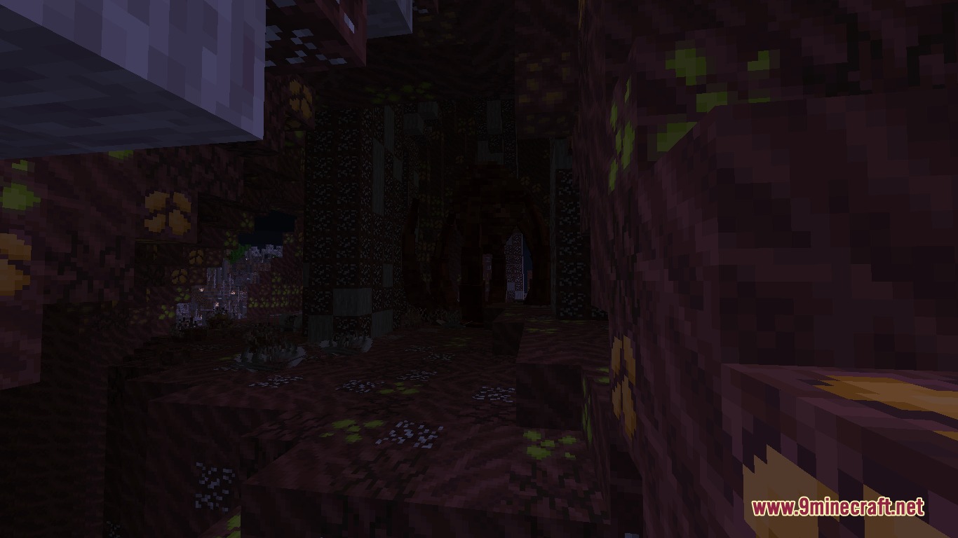 Fungal Infection Spore Infnexus Mod Screenshot 4 Dark interior view of a fungal structure with glowing biomass blocks