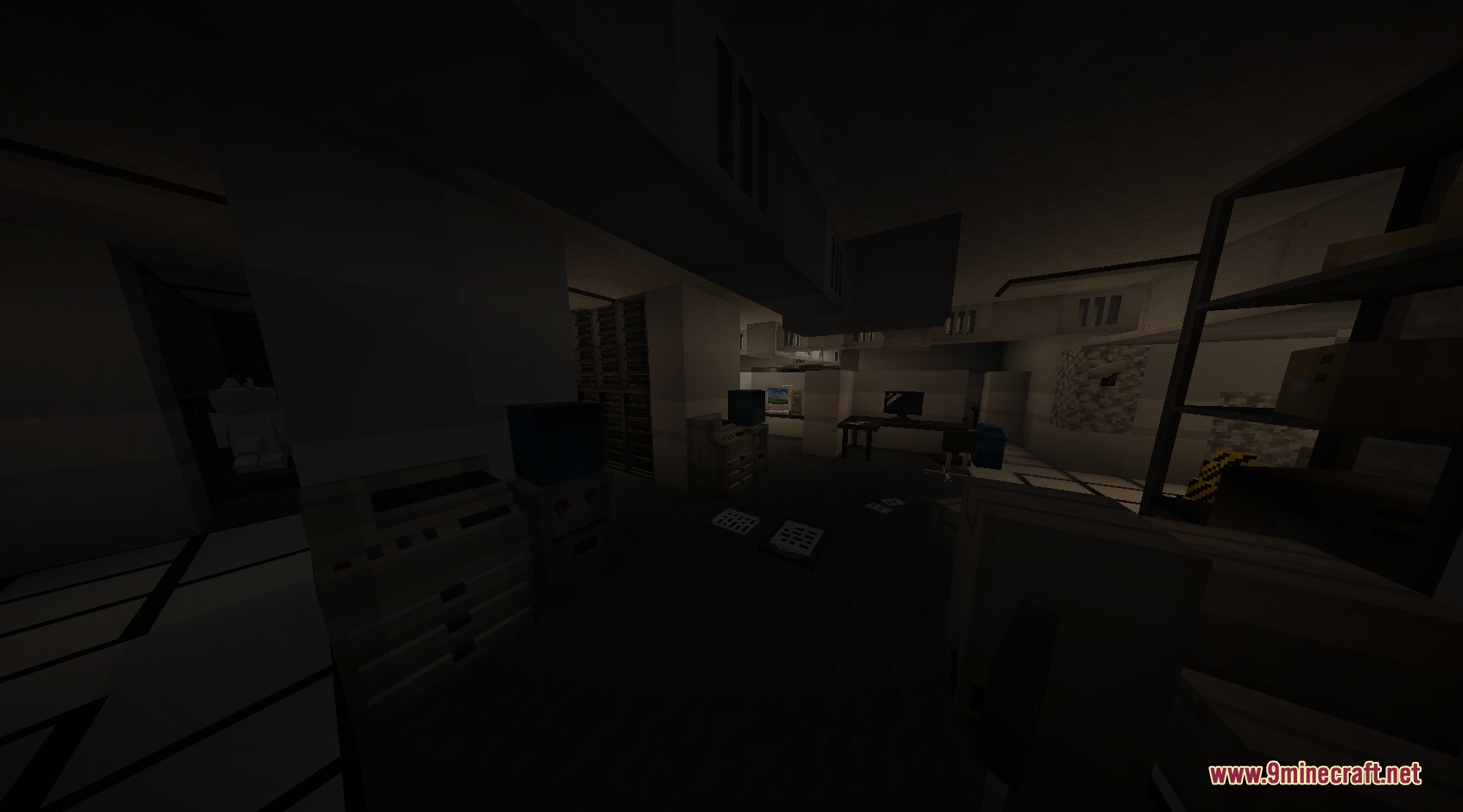 A dark ruined office interior from the Fur Mutage mod testing