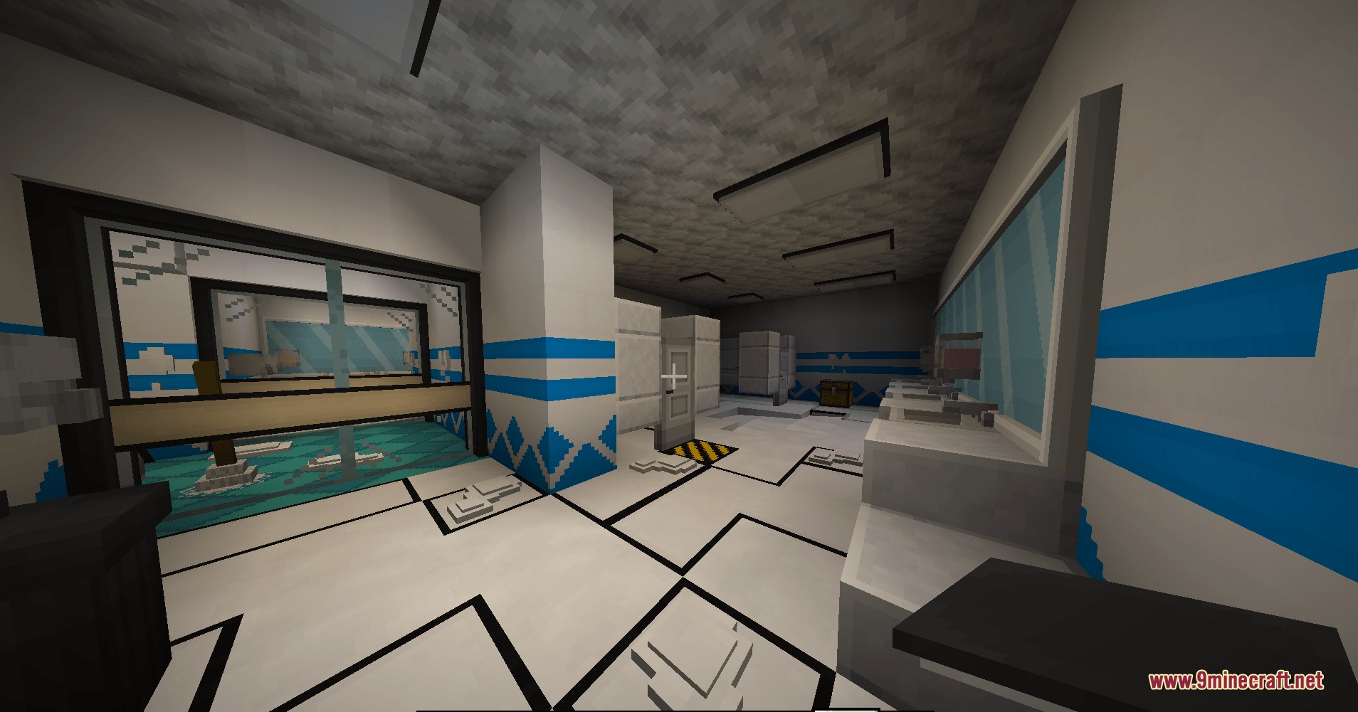 A futuristic laboratory room with white tiled floors and blue wall stripes