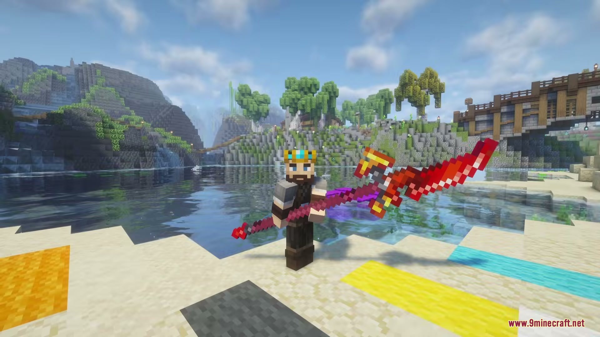 Furious N Grogeous' Mod Screenshot 1 A Minecraft player holding a large red Blodius weapon near a scenic river