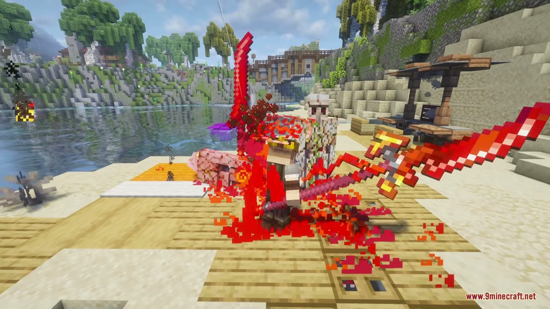 Furious N Grogeous' Mod Screenshot 4 A player wearing a crown attacks an iron golem with a red sword