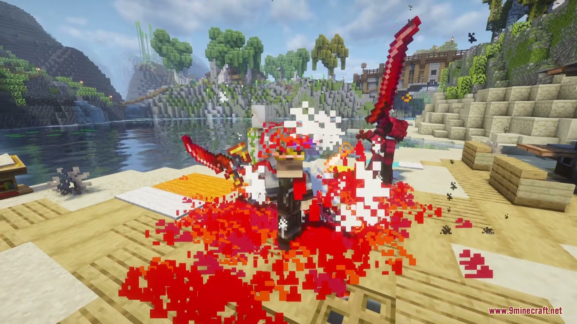 Furious N Grogeous' Mod Screenshot 5 A Minecraft player attacks with a red sword creating massive red blood particles