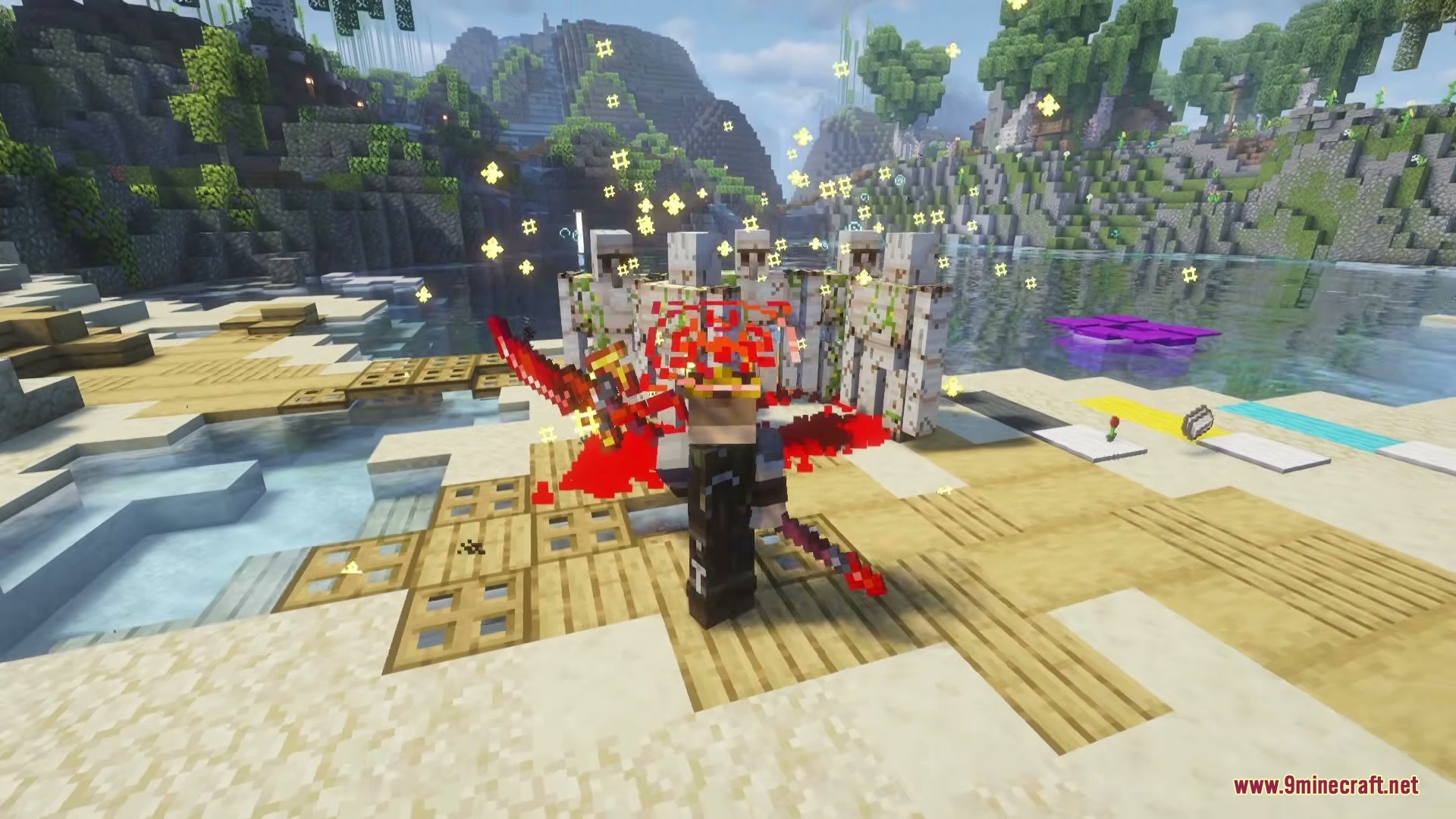 Furious N Grogeous' Mod Screenshot 6 A character holding a red sword stands before a group of iron golems
