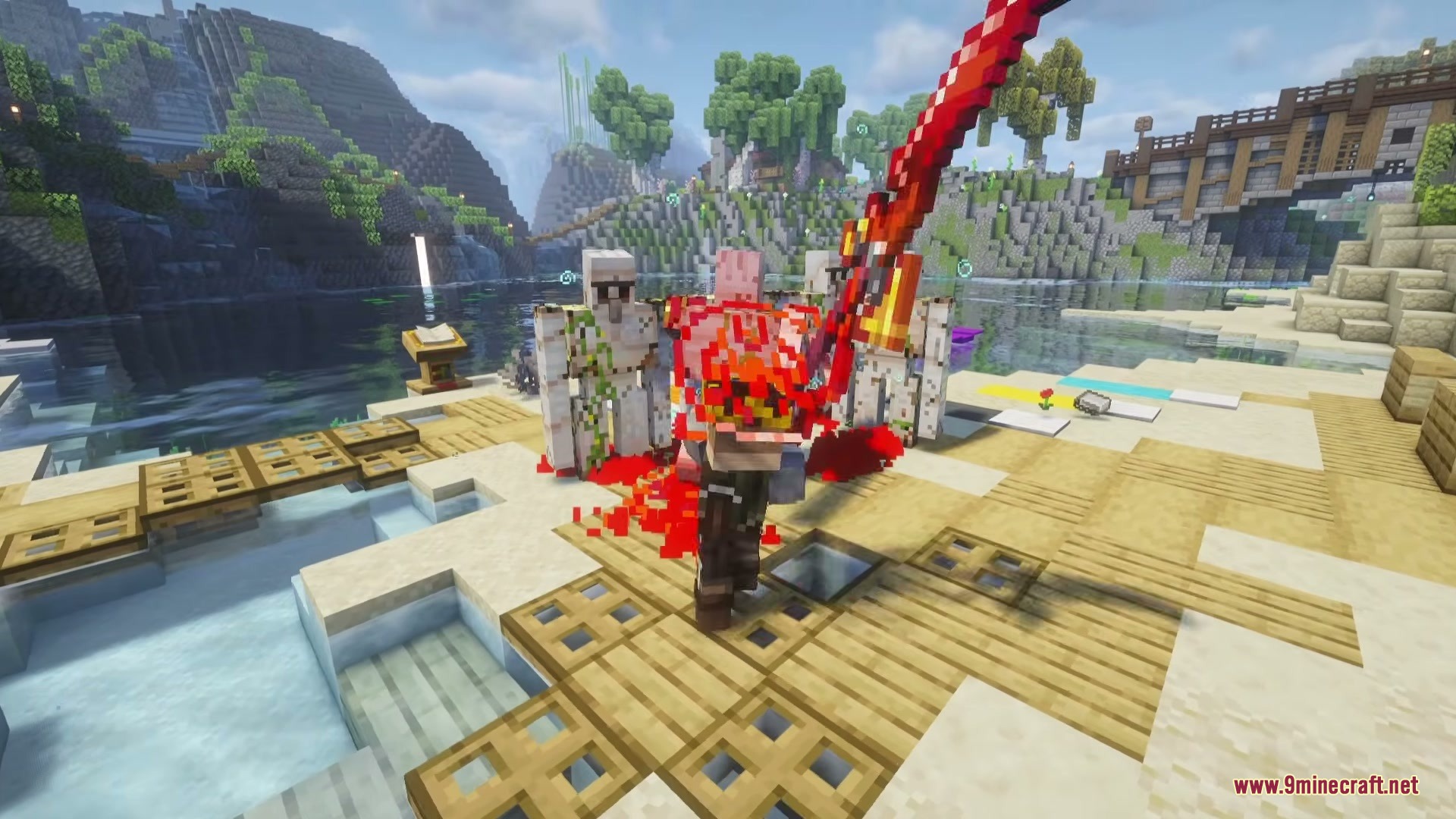 Furious N Grogeous' Mod Screenshot 7 A player wielding the Blodius weapon against Iron Golems with red bleed effects