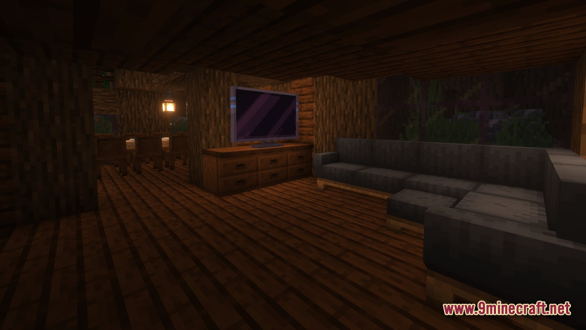 Furniture & Tech Modpack Screenshot 10 A wooden interior living room featuring a modern television, a large sectional sofa, and dining furniture