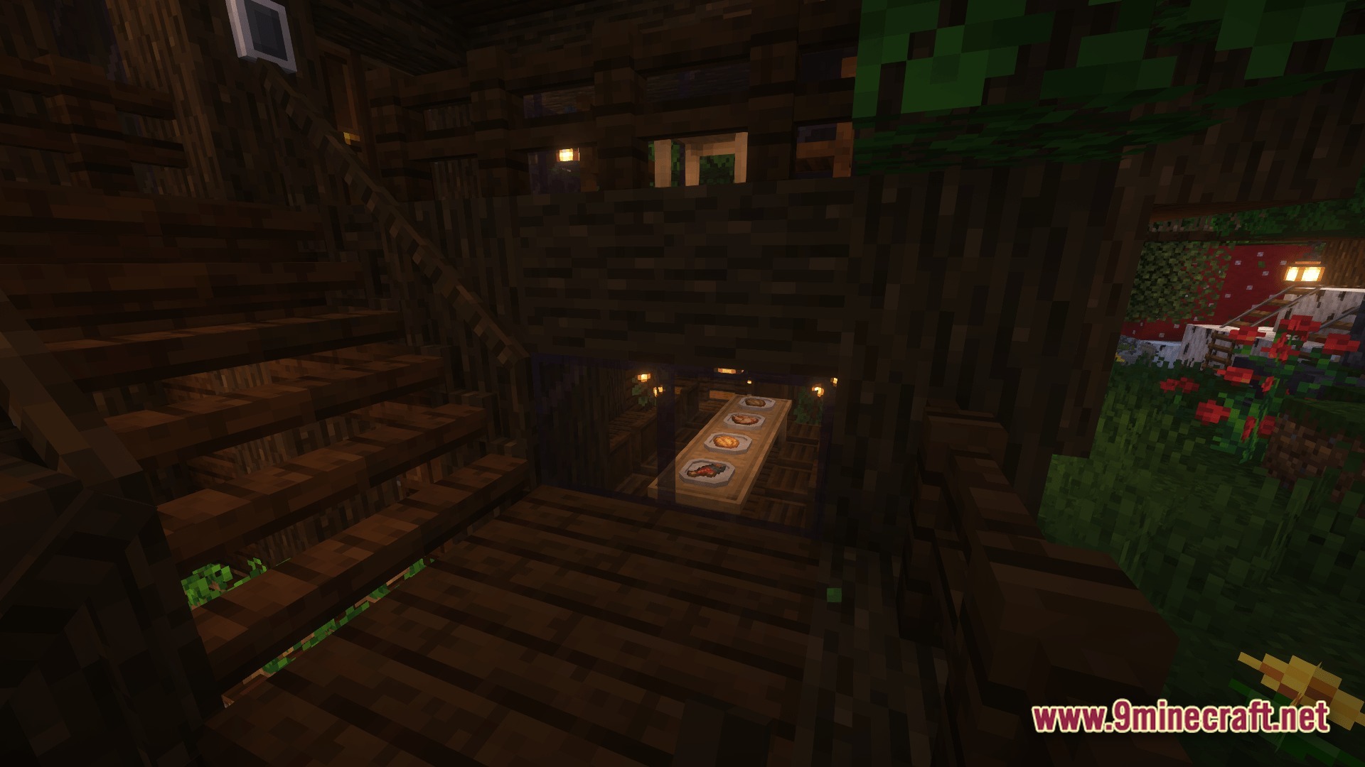 Furniture & Tech Modpack Screenshot 9 A dark wooden interior featuring a staircase and a dining table set with food items