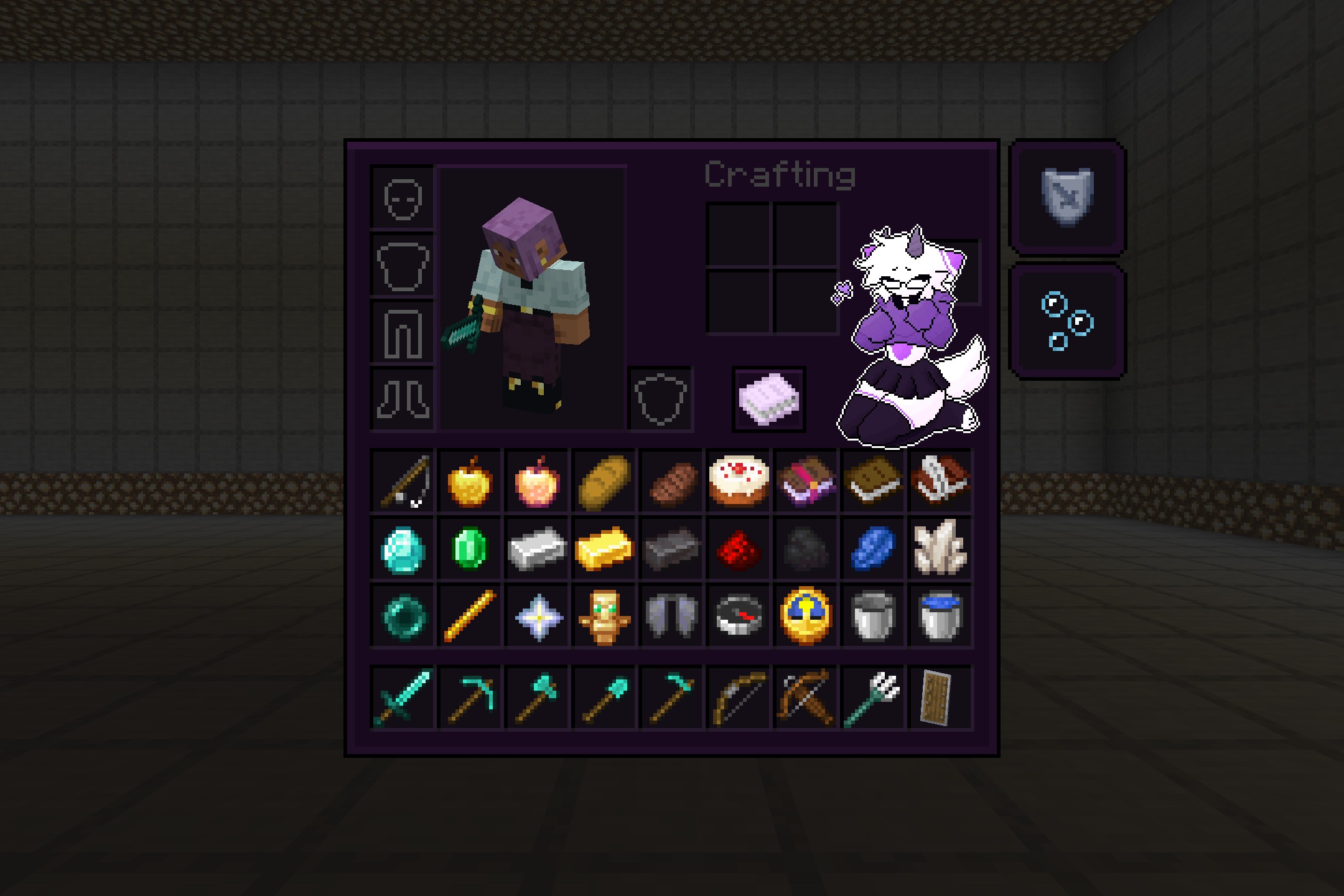 Furry in Inventory Resource Pack Screenshot 3 Minecraft inventory screen with a dark purple theme and custom furry character art
