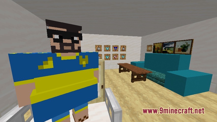 Futbol Argentino Mod Screenshot 1 A Minecraft character wearing a blue and yellow jersey in a living room