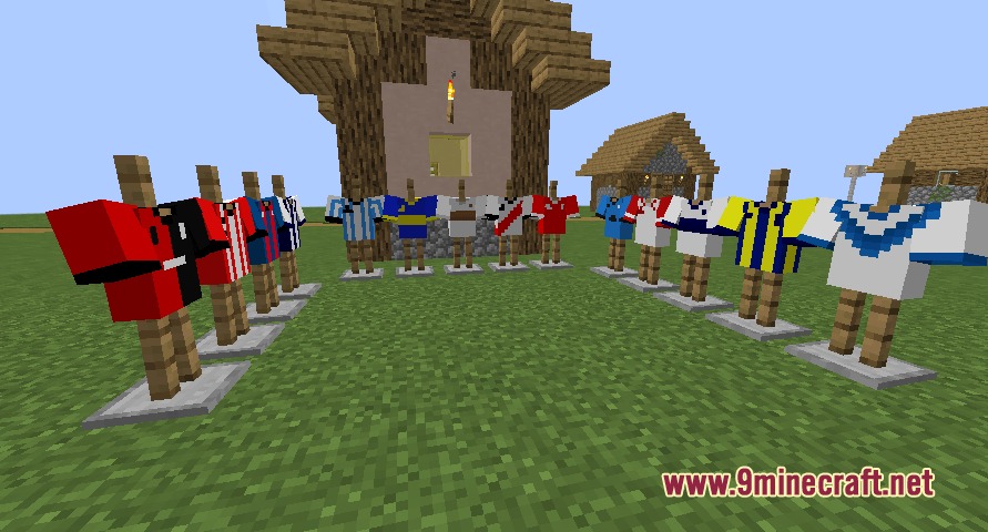 Futbol Argentino Mod Screenshot 2 Armor stands showcasing various soccer jerseys from the Futbol Argentino Mod