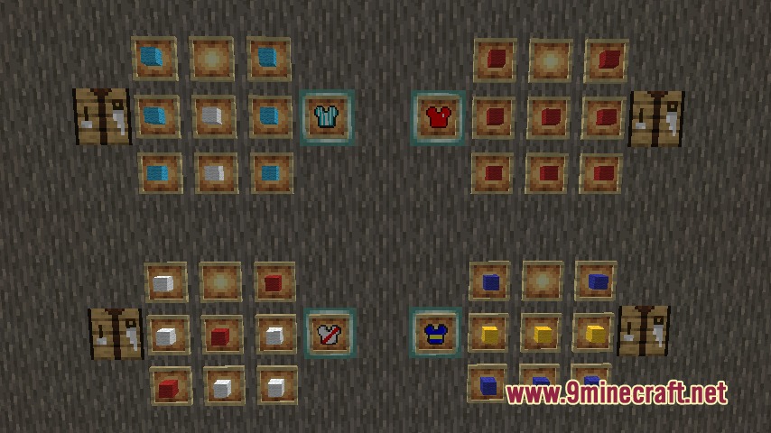 Futbol Argentino Mod Screenshot 6 Four crafting recipes for different soccer jerseys displayed on item frames