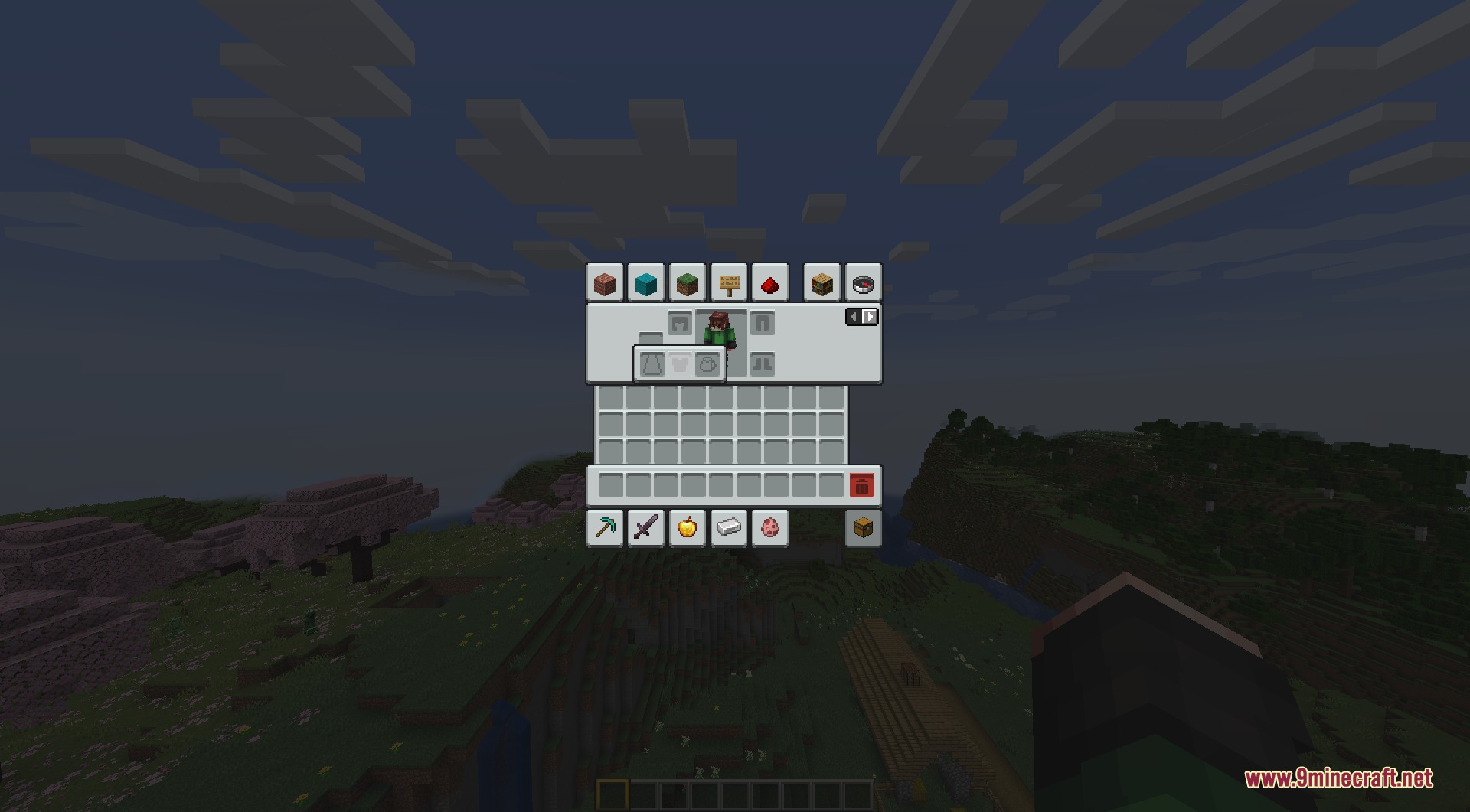 GUI Revision Compats Resource Pack Screenshot 1 A clean light themed creative inventory menu displayed over a Minecraft landscape