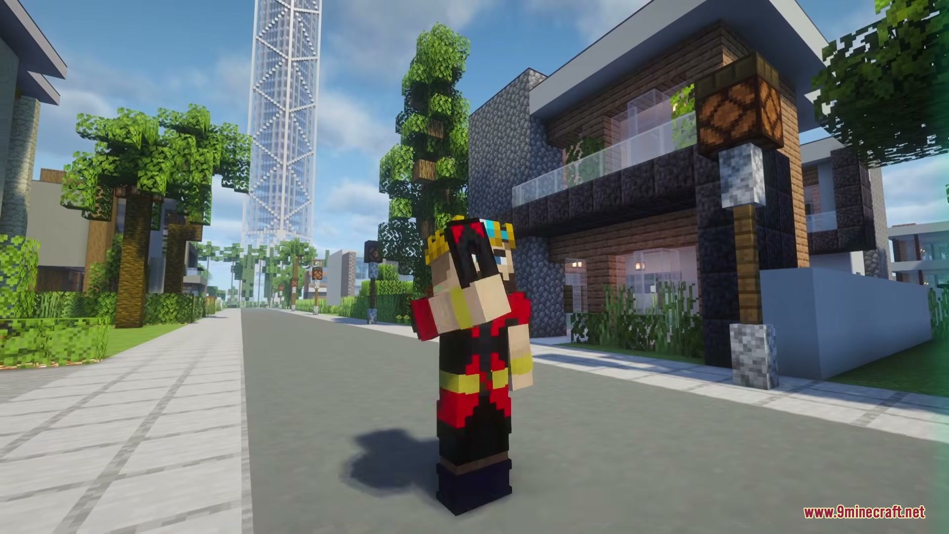 Gabe Up Heroes Pack Mod Screenshot 1 A crowned Minecraft player looks at a phone on a modern city street