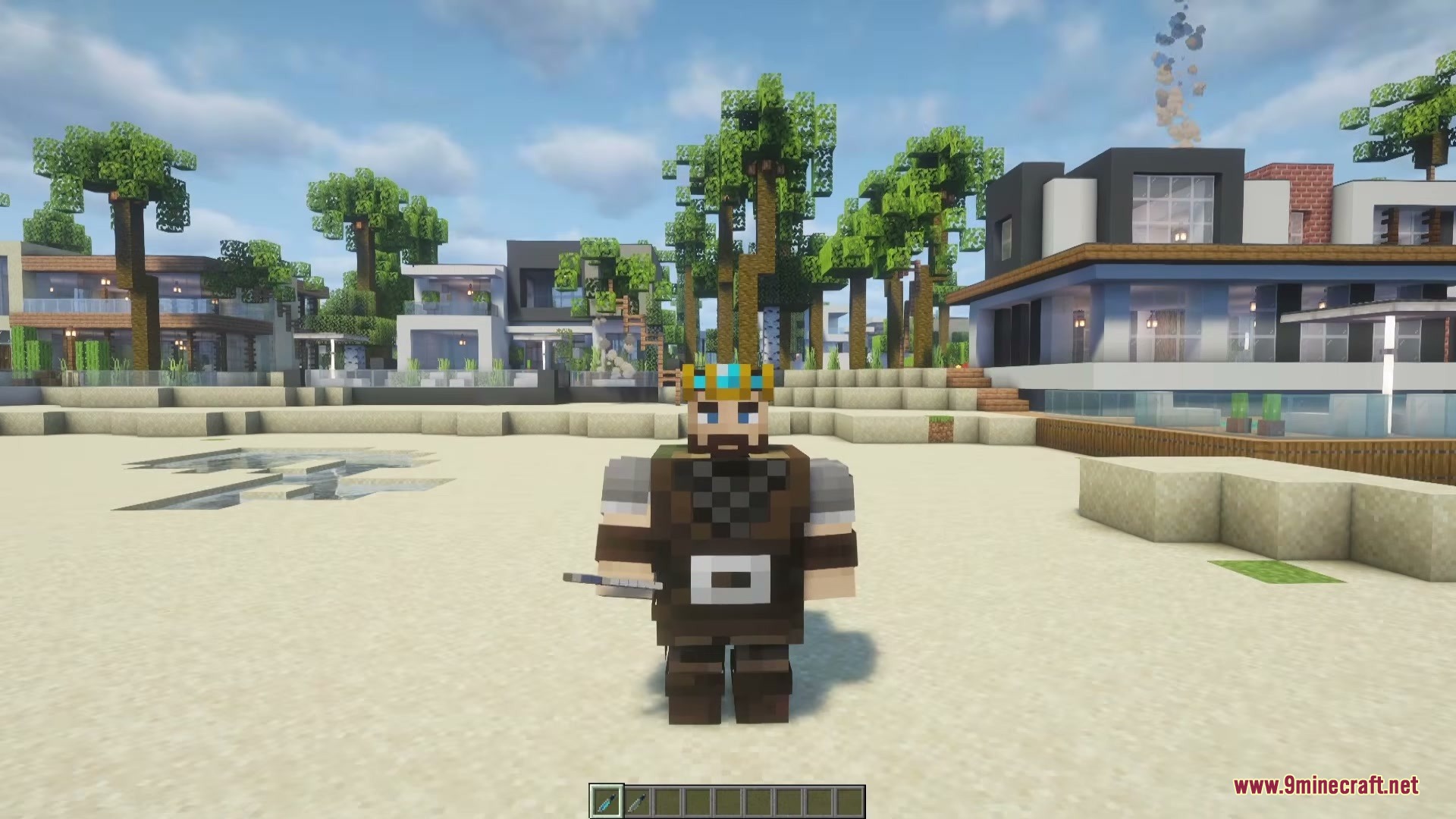 Gabe Up Heroes Pack Mod Screenshot 2 A bearded Minecraft player wearing a crown and armor stands on a beach
