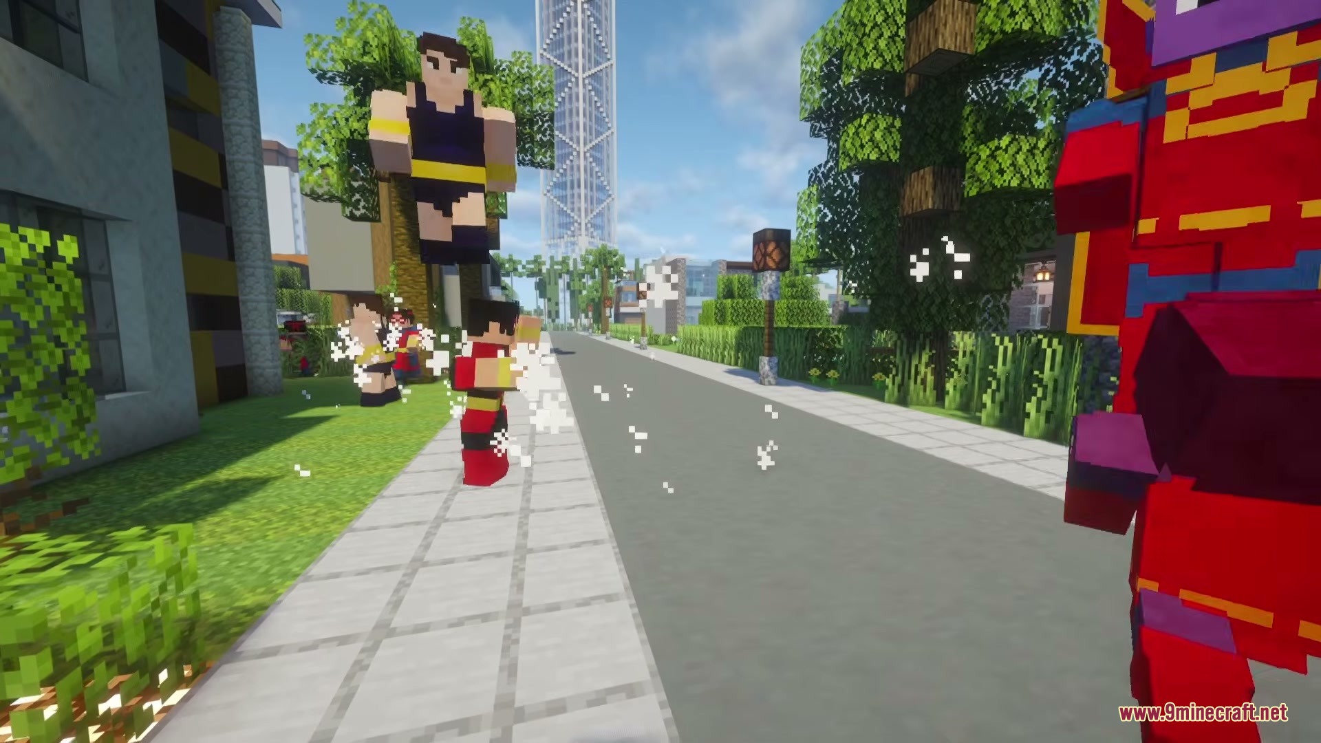 Gabe Up Heroes Pack Mod Screenshot 3 Minecraft characters with superhero powers standing on a city street with particle effects