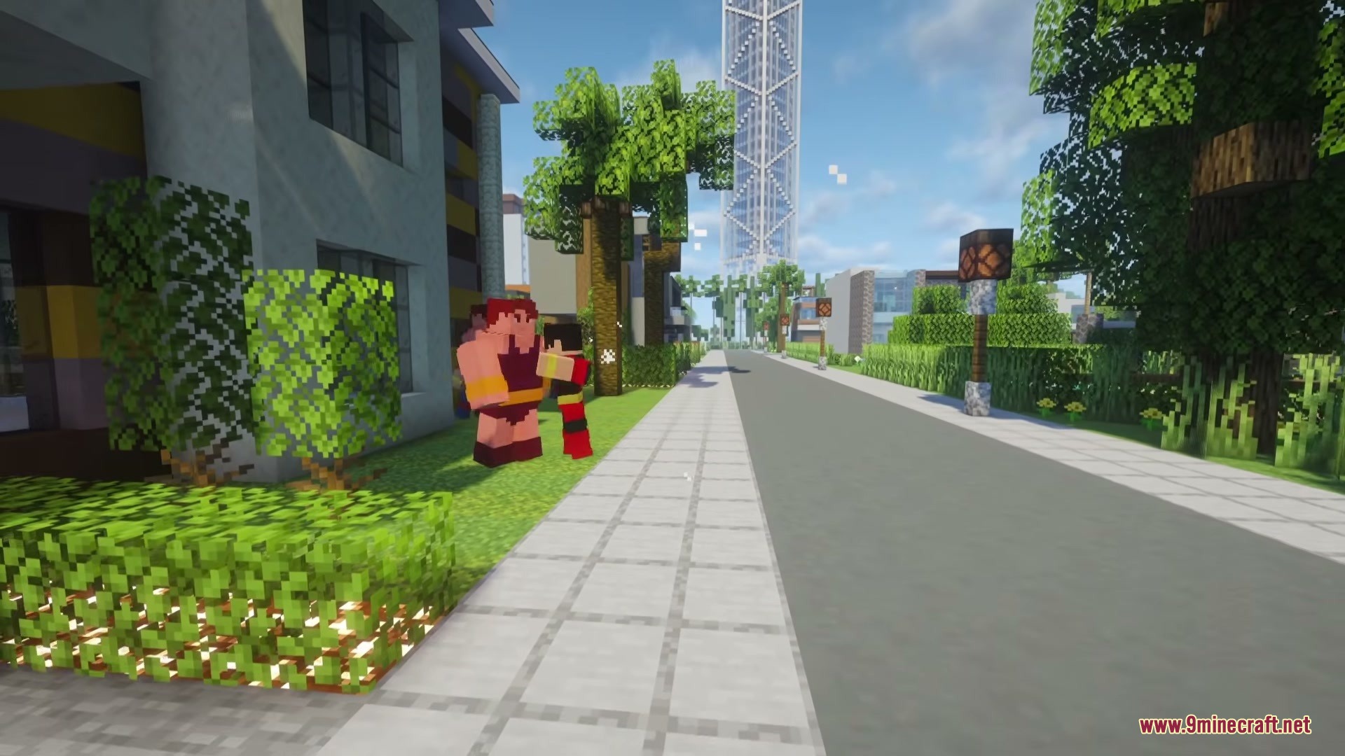Gabe Up Heroes Pack Mod Screenshot 4 A large superhero character stands next to a smaller hero on the grass