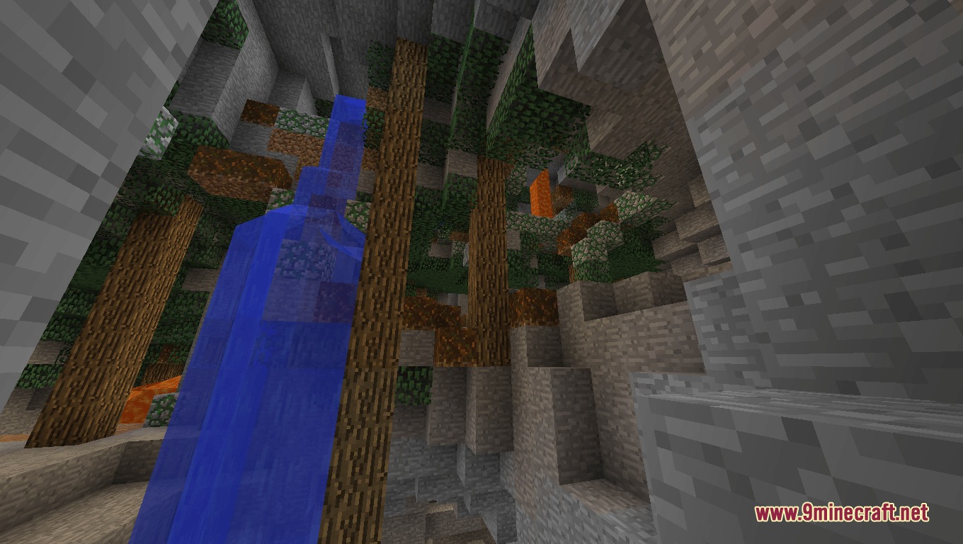 Gaia Tweaks Mod Screenshot 4 A lush underground forest biome with tall trees and flowing water streams