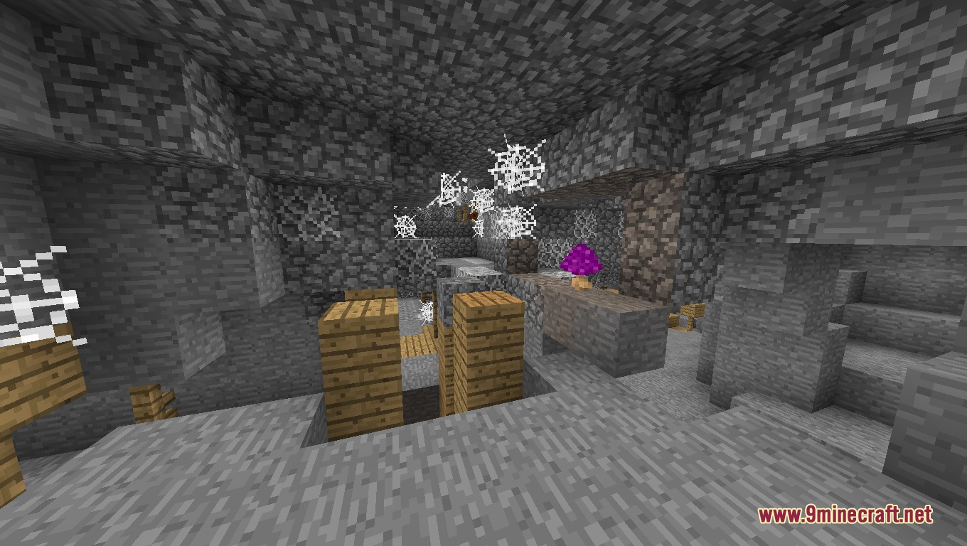 Gaia Tweaks Mod Screenshot 6 A purple mushroom grows inside a rocky underground cave filled with cobwebs
