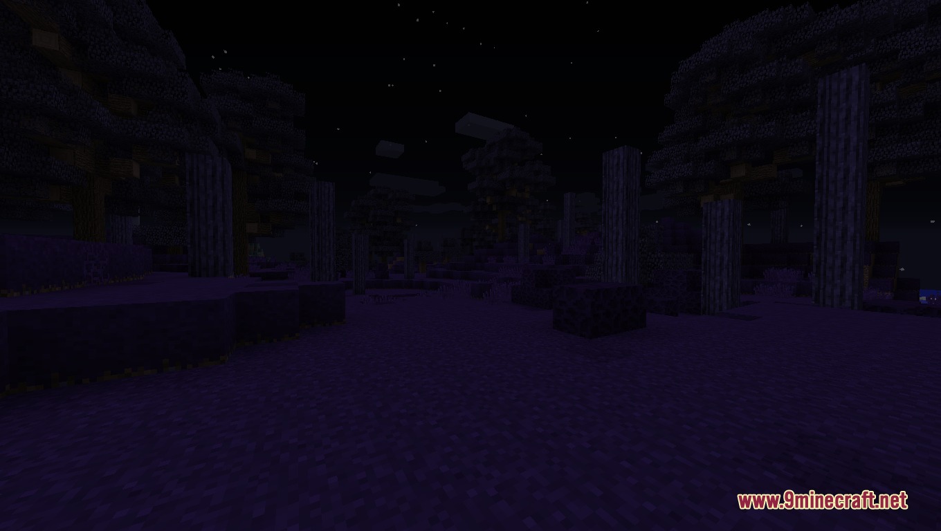 Gaia Tweaks Mod Screenshot 7 A dark purple forest biome at night featuring leafless taintwood trees