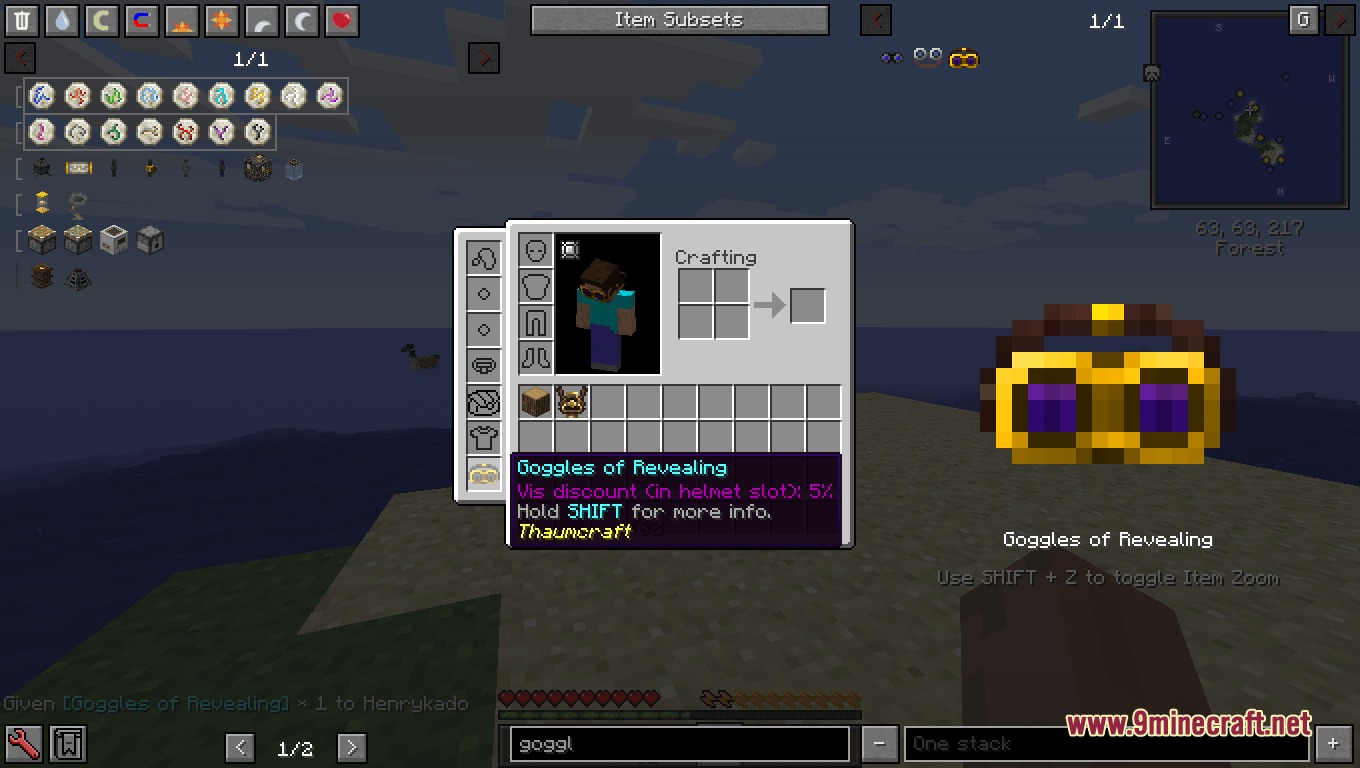 Gaia Tweaks Mod Screenshot 8 Inventory screen showing Goggles of Revealing item description and Baubles slots