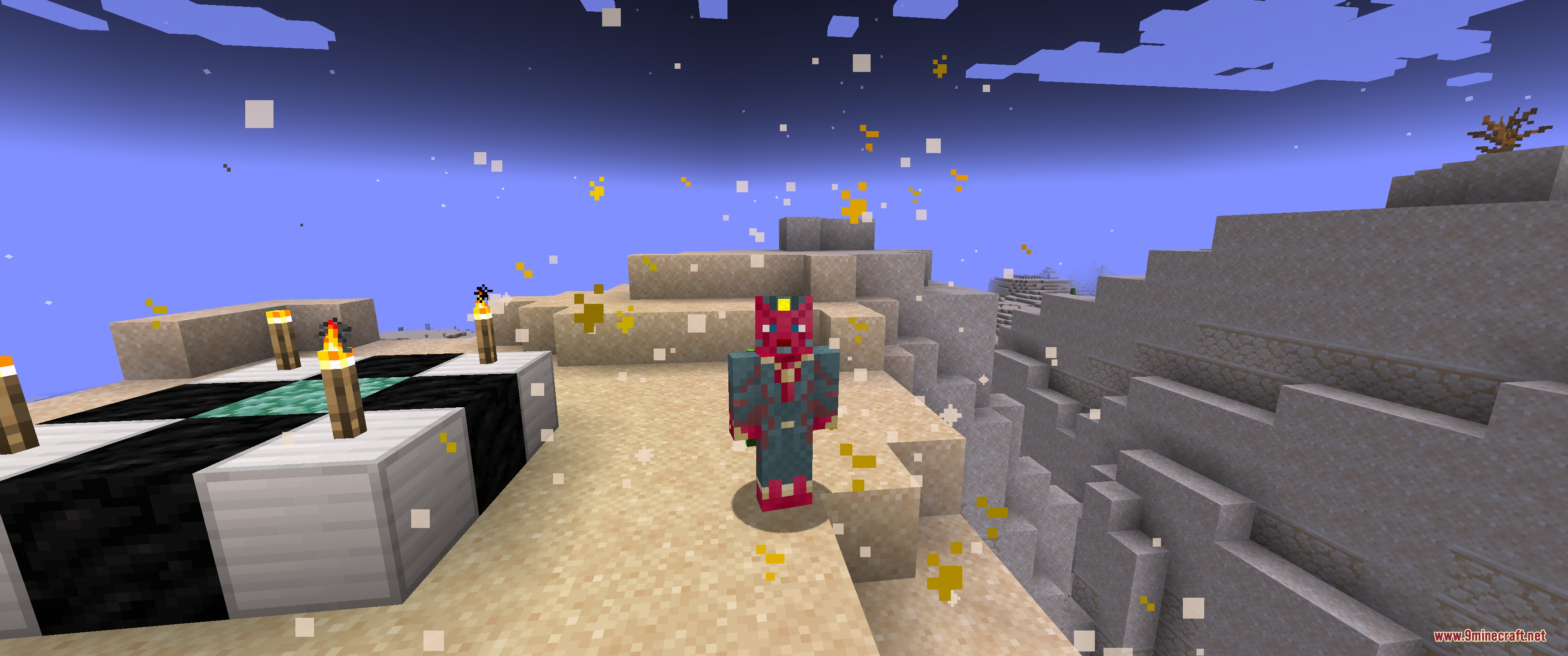 A player character stands on a ritual platform surrounded by golden particles
